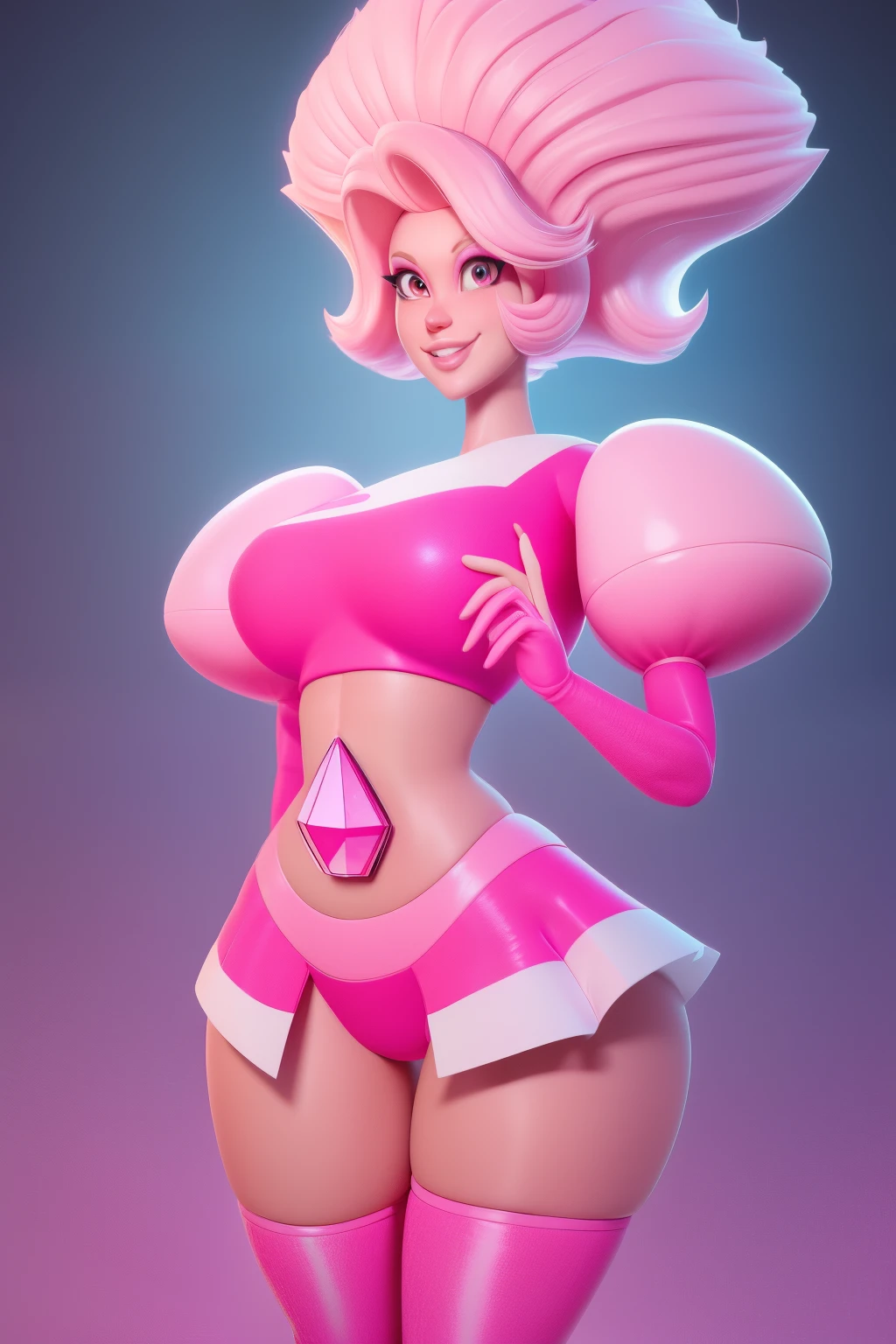 pnkdamond, pink hair, pink eyes,  big hair,  stomach gem,  pink skin,  toned, 
puffy short sleeves, elbow gloves ,  white thighhighs,   puffy dress, 
standing, upper body, 
 outerspace,  
(insanely detailed, beautiful detailed face,beautiful detailed eyes, masterpiece, best quality) cinematic lighting,  smile, 
 