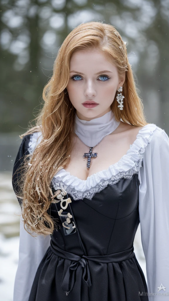 1 miniature Beautiful beautiful woman - Yuan Sayuki, ((top quality, 8K, Masterpiece:1.retty woman, 1 woman, huge breasts:1.3, a slim body:1.1, lush GINGER long hair with 2 ponytailed buns, (shower, wet body, wet clothes:1.1), very detailed face, detailed lips, detailed eyes, double eyelids, Detailed blue eyes, чрезвычайно Detailed Outstanding Blue Eyes, long GINGER wet hair, GINGER wet hair, Detailed Outstanding Blue Eyes, innocent look at the viewer, very wet wavy white hair, Detailed Outstanding Blue Eyes, huge cross earrings, Outdoors, badges behind, gothic maid uniform, sexy maid dress, bare chest, huge chest tattoo, detailed huge catholic cross earrings, chest tattoo, Outside, wear a silver cross (Detailed cross shape), reality mode, wet breasts, black necklace, human crowd behind, black latex gloves, hair of white snowy colour, night time, red neon lights, demonic nun, nimbus (golden lighting ring above her head), angel, snowy weather, sexy pose, white lingerie, black maid dress, detailed flower wreath made of different colours, open chest