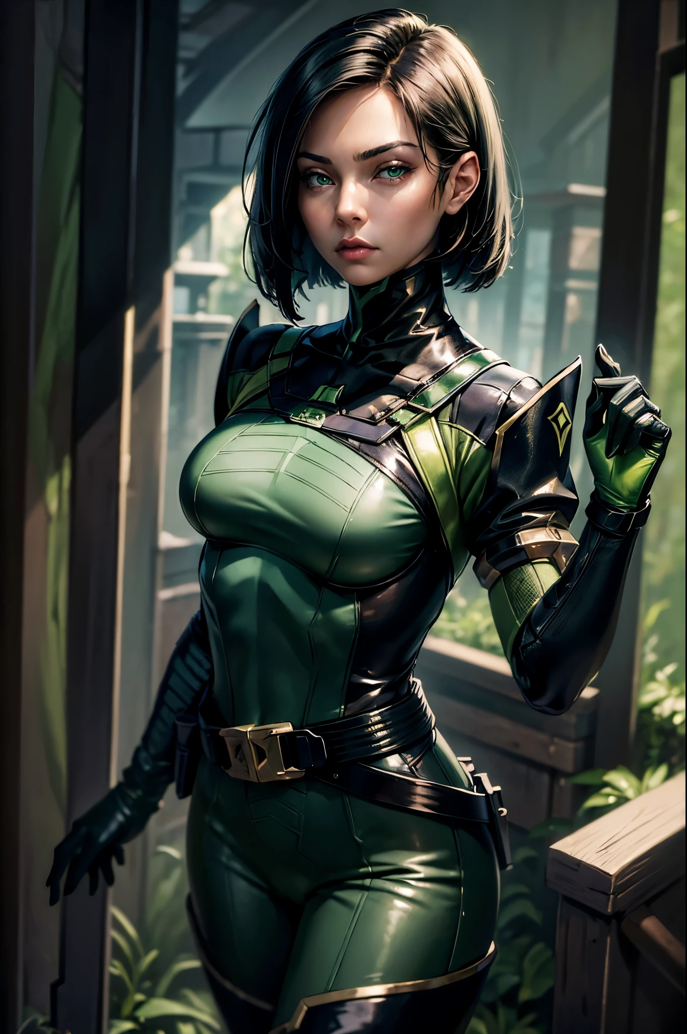 (masterpiece, best quality:1.2), expressive eyes, perfect face, highres, 1girl, solo, valorantViper, green eyes, bodysuit, gloves, belt, thigh boots, respirator, green gas, frown, standing, upper body portrait, looking at the viewer