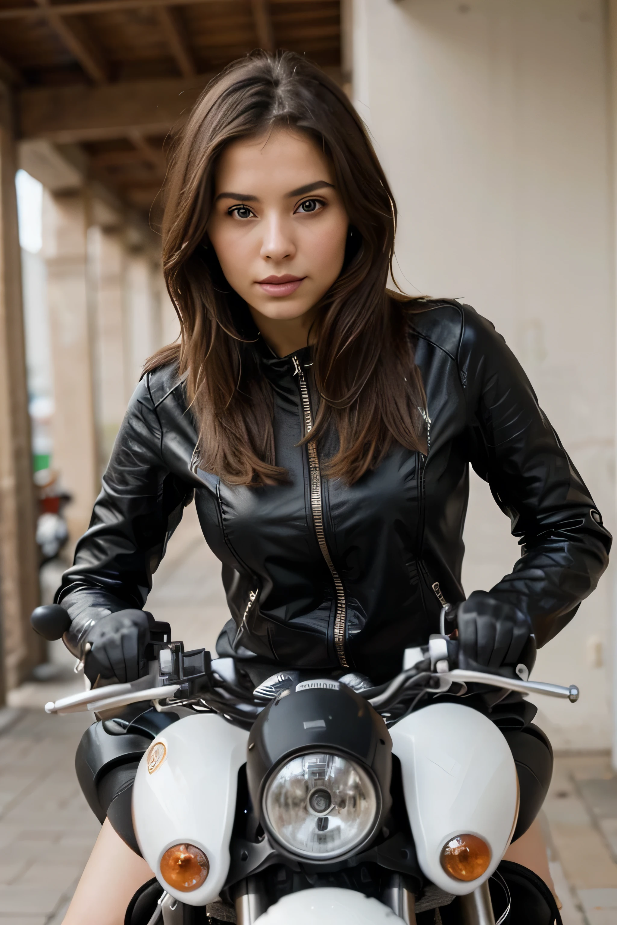 ((mejor calidad)), ((Obra maestra)), (detallado), cara perfecta, chica motociclista, de cabello largo ojos color miel