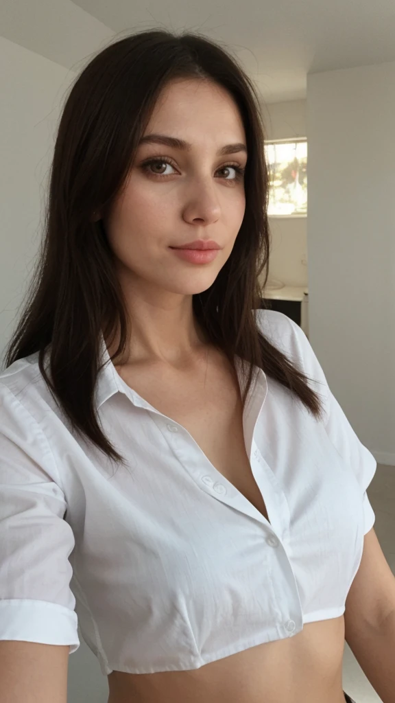 brunette 29 year old woman white shirt no bra selfie, duckface, kiss face