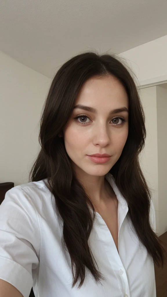brunette 29 year old woman white shirt no bra selfie, duckface, kiss face