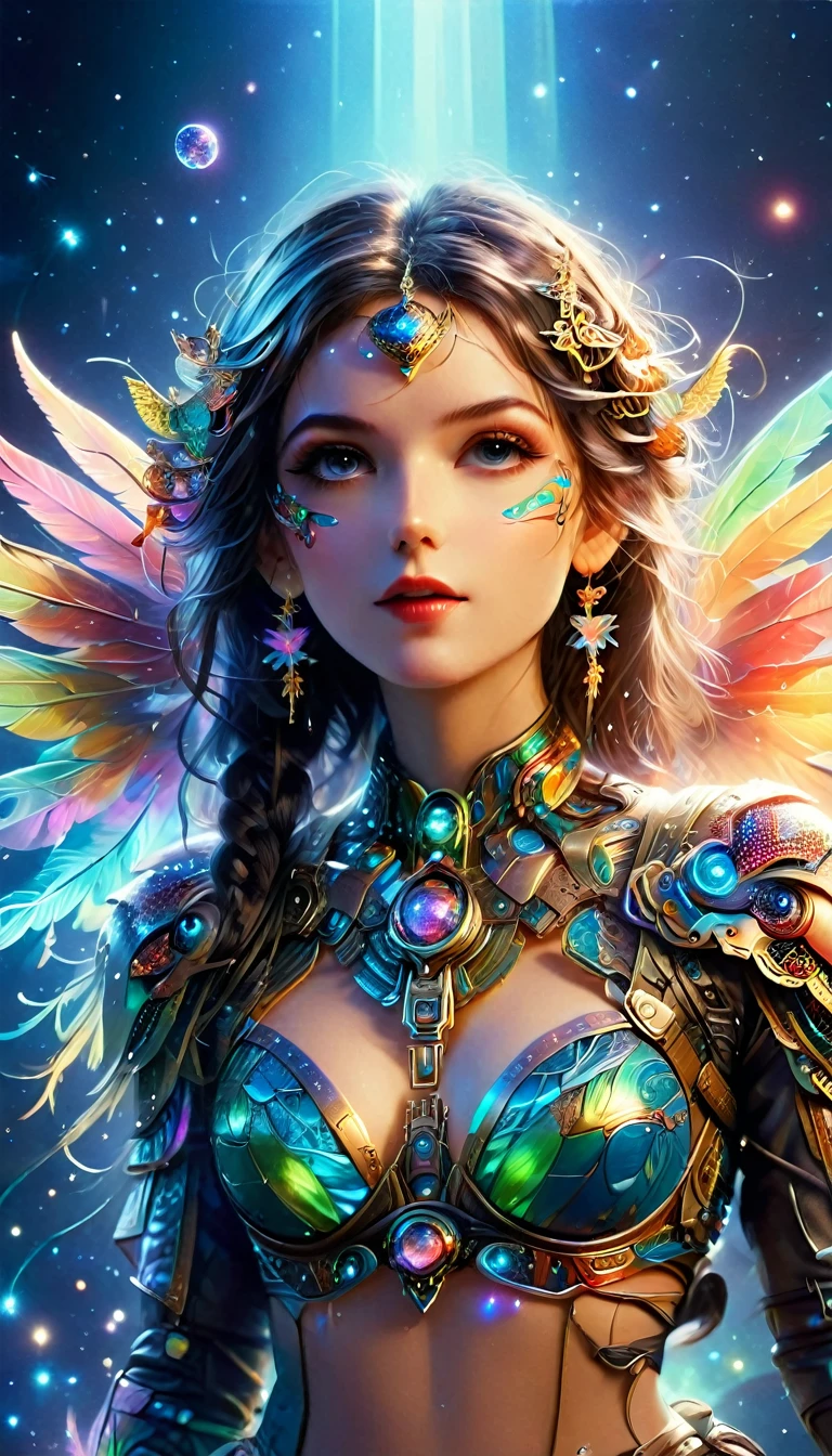 (Seven-part shot:1.6), Dramatic depiction of a stunning beauty with glittering wings，Rainbow feathers，She flew over surrealism，Dusk sky，Leaving a trail of stardust behind，Her eyes sparkled with mystery and curiosity.，She is surrounded by floating islands that are not affected by gravity.，Each piece is decorated with brightly colored floating crystals.，Bold and fantastical colors，Create an otherworldly beauty，Use drone cameras to capture unique angles