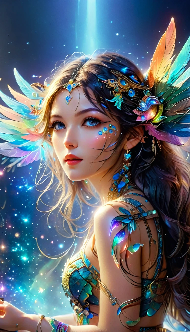 (Seven-part shot:1.6), Dramatic depiction of a stunning beauty with glittering wings,Rainbow feathers,She flew over surrealism,Dusk sky,Leaving a trail of stardust behind,Her eyes sparkled with mystery and curiosity.,She is surrounded by floating islands that are not affected by gravity.,Each piece is decorated with brightly colored floating crystals.,Bold and fantastical colors,Create an otherworldly beauty,Use drone cameras to capture unique angles