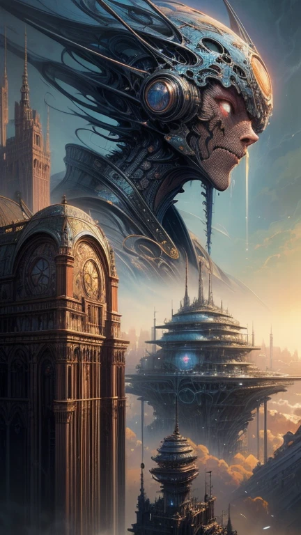 There is a painting of a futuristic city with a giant robot head, non-human face, Peter Gric and Dan Mumford, Beksiński and James Jean, Michael Whelan and Pixar, Justin Gerard and Greg Rutkowski, Style by Daniel Merriam, Andreas Rocha and John Howe , weta studio and James Jean, Larry MacDougall
