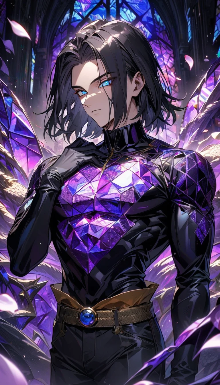 Ultra detailed, HDR, Highres, absurdres, master piece, Android 17, black hair, expressive blue eyes, Dragon Ball Z, patterns, black tight shirt, purple stained glass, purple ice, petals, purple ice flowers, sexy man, solo, extremely detailed face and eyes, extremely handsome, glittering, toned chest, purple glass, black gloves,