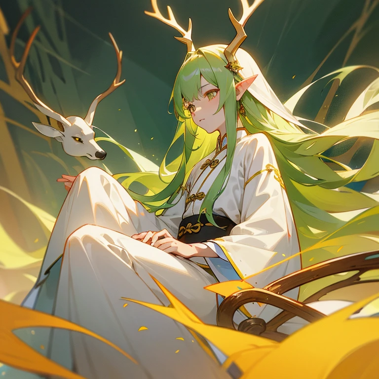 Young man with slim build, delicate face, pale complexion, pointed ears, golden eyes, long flowing green hair, small golden deer antlers, wearing all-white traditional Chinese Gusu Lan attire.