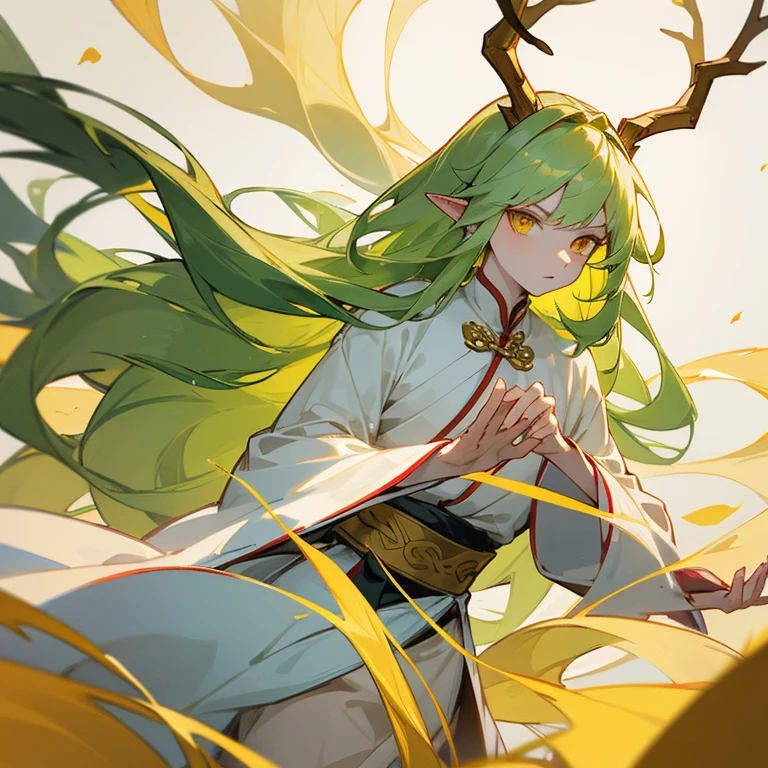 Young man with slim build, delicate face, pale complexion, pointed ears, golden eyes, long flowing green hair, small golden deer antlers, wearing all-white traditional Chinese Gusu Lan attire.