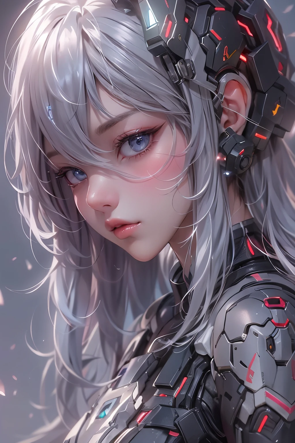 （（masterpiece））， （detailed：1.4），Realistic、 Images of cyberpunk women，Dynamic pose、A dynamic pose、High resolution（High Dynamic Range），Ray Tracing，NVIDIA，Super Resolution，PBR Textures，Post-processing，Anisotropic Filtering，Maximum depth of field resolution and crisp layer textures，Albedo and Specular Maps，Surface Shading，Accurate simulation of material interactions，Perfect balance，Rendering with Octane，2-color light，Large Diameter，Low ISO，White balance，Rule 3 points、8K raw data、Backlight、（Gray hair that changes with light、length bangs that block the view、length, Lustrous gray hair、Smooth and straight hair、WHITE hair fluttering in the wind、Beautiful Bangs）、（Beautiful, glowing skin、Cheek gloss highlight、Sexy and very beautiful and adorable face、The most beautiful face in the world、big, Sparkling blue eyes）、（Cute 25 year old girl、Ample breasts、Small waist、Delicate shoulders、Perfect figure）
