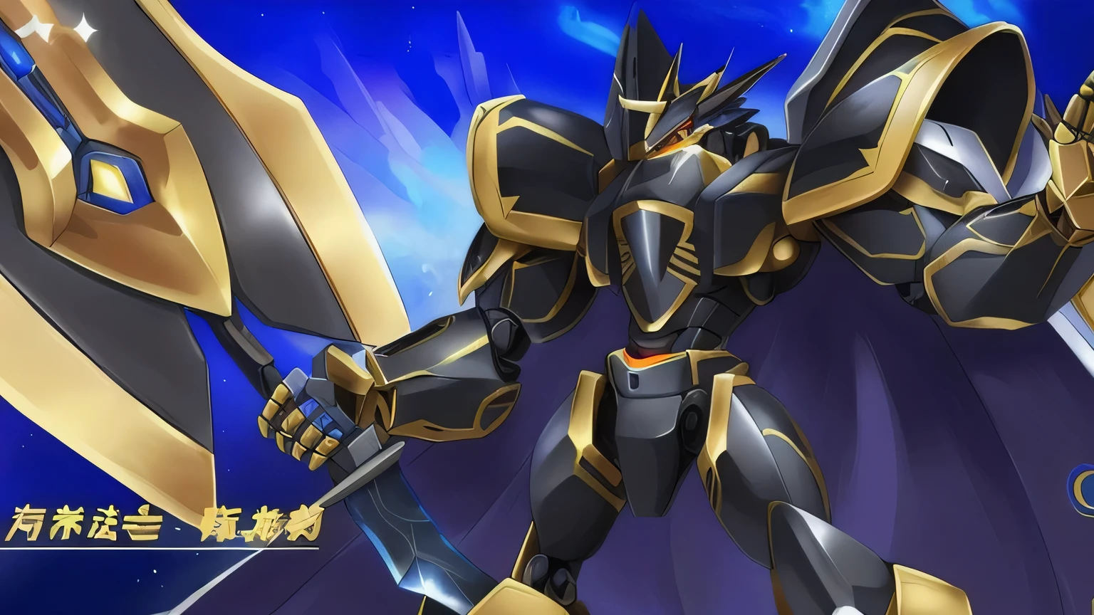 a close up of a robot with a sword and a shield, super robot wars, black mecha, an anime large mecha robot, heavy gold obsidian armor, concept art of omegamon, cool mecha style, gurren lagan, mecha warrior, full body mecha suit, gold paladin, mecha suit
