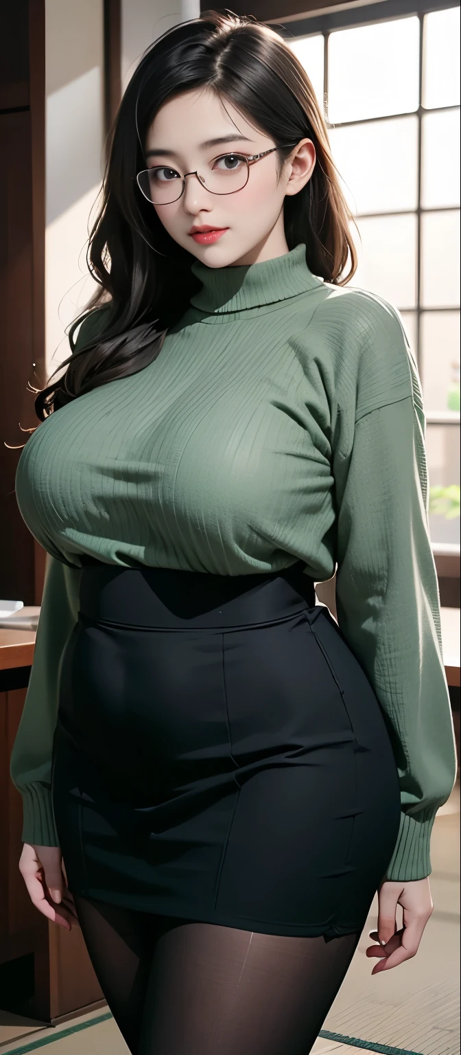 (Best quality,8k,ultra high res:1.2),(Pretty Japanese girl),(Huge breasts:0.8),(dark green sweater), (thick thighs:0.9), (obese body), (glasses), (SFW), (fat thighs:0.6)