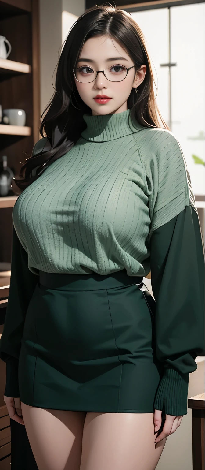 (Best quality,8k,ultra high res:1.2),(Pretty Japanese girl),(Huge breasts:0.8),(dark green sweater), (thick thighs:0.9), (obese body), (glasses), (SFW), (fat thighs:0.6)