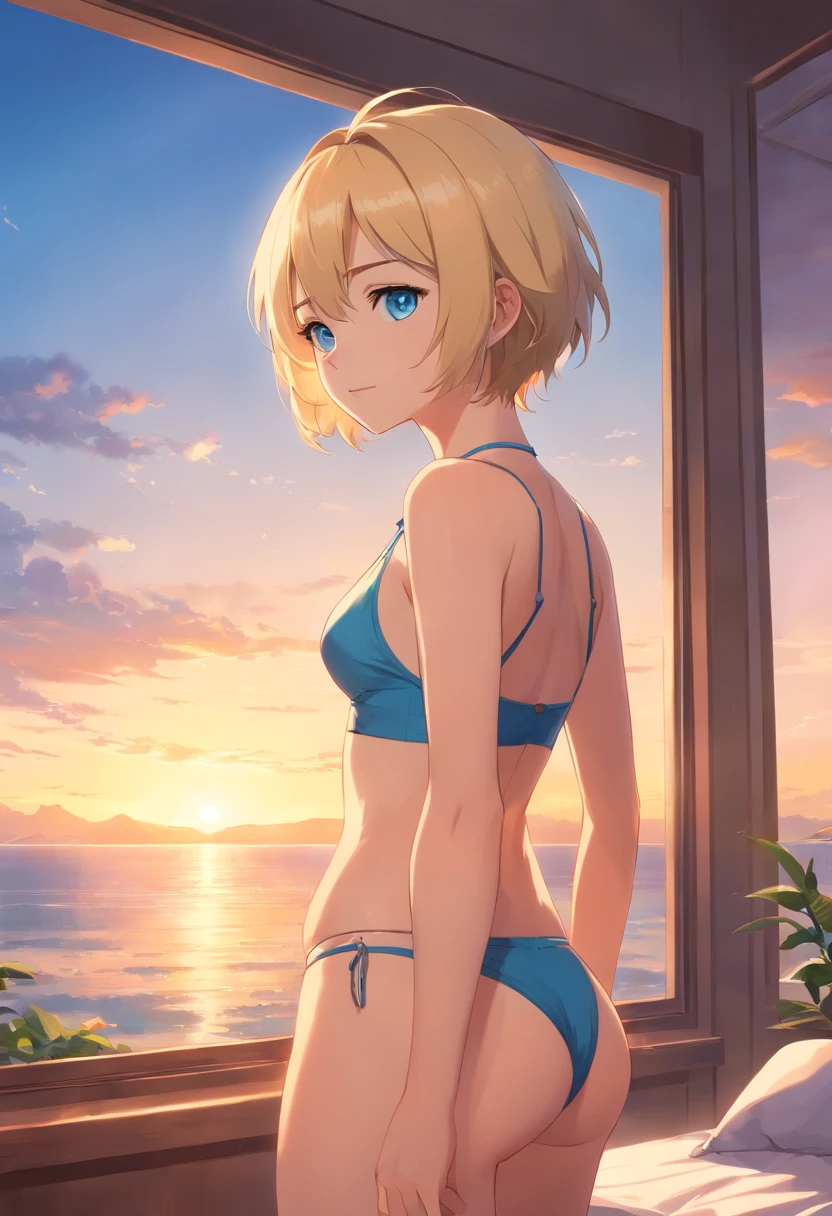  Women, ((Blonde)), ((Blue eyes)), ((Short hair)), ((Full Body)), Wear a Brazilian thong in a sunset-lit room