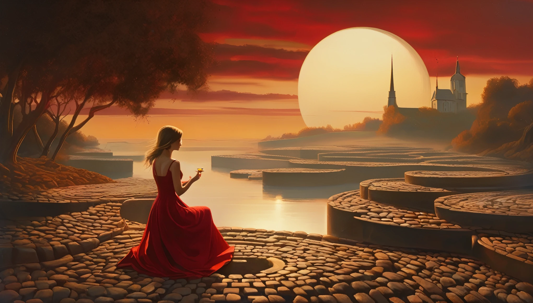 Brian Despain, Whimsical Atmosphere, detailed picture of early morning, stream running in circles, a labyrinth of cobblestones shining in the sun, An antique copper pendulum oscillates dynamically, woman in a red short dress sits mournfully on the shore