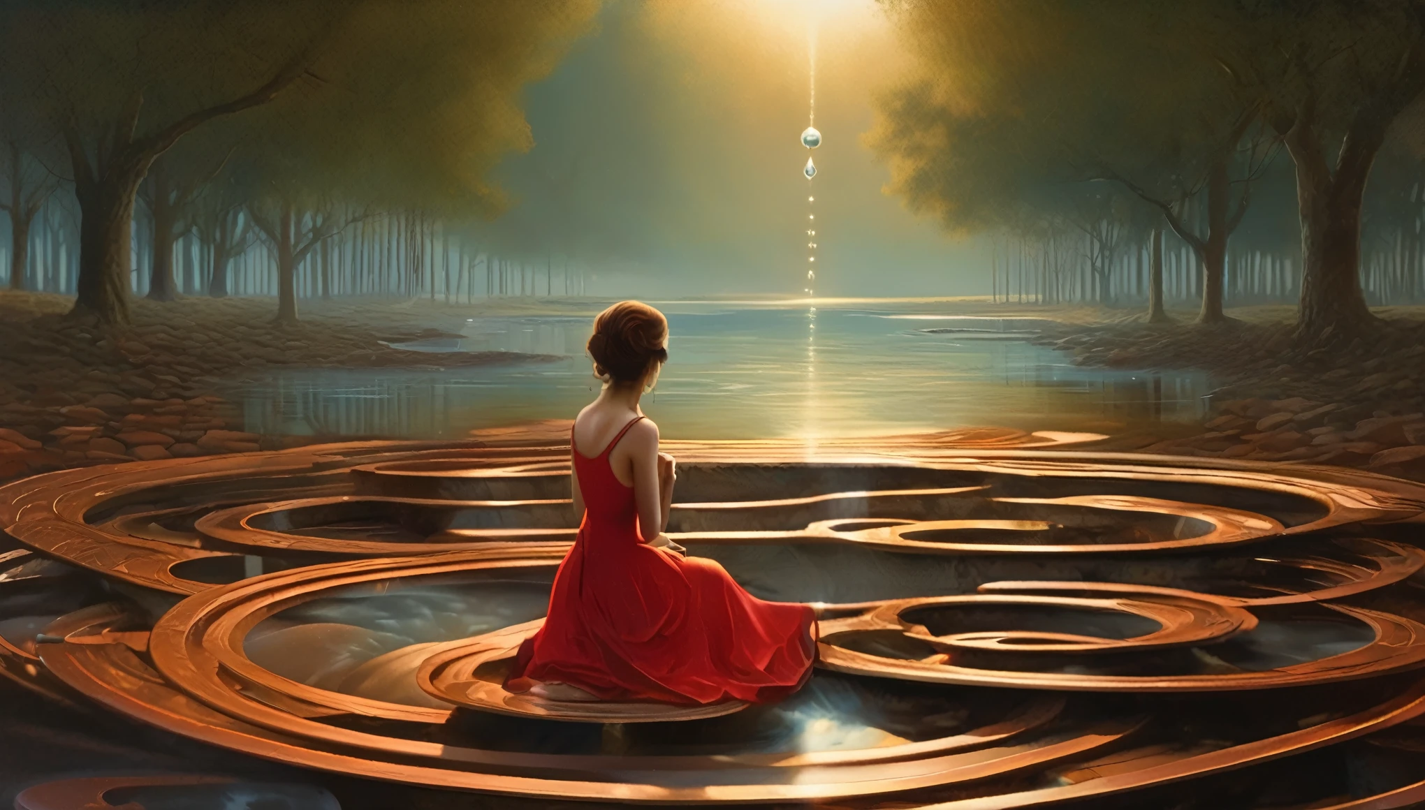 Brian Despain, Whimsical Atmosphere, detailed picture of early morning, stream running in circles, a labyrinth of cobblestones shining in the sun, An antique copper pendulum oscillates dynamically, woman in a red short dress sits mournfully on the shore
