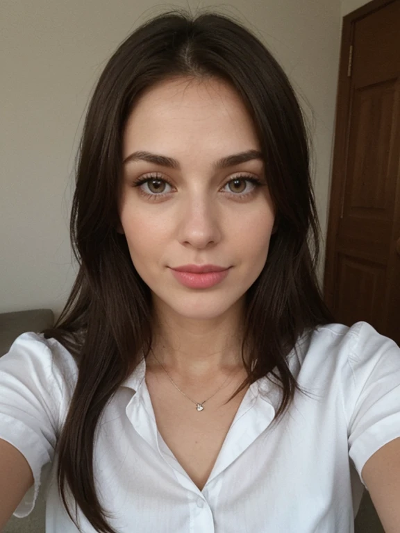brunette 29 year old woman white shirt no bra selfie, duckface, kiss face