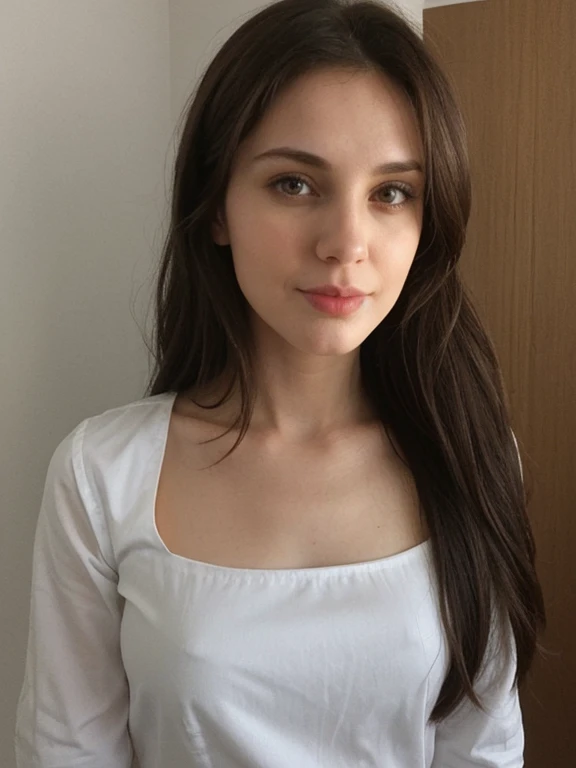 brunette 29 year old woman white shirt no bra selfie, duckface, kiss face