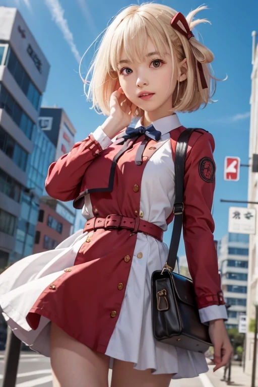 RAW Image Quality、8k resolution、Ultra-high-definition CG images、(Tabletop: 1.1), (highest quality, Super Resolution: 1.0), (8k resolution: 1.2), (Realistic, Super detailed, Clear focus 1:0), (Original photo, Lighting: 1:1), Professionally digitally painted detailed reflective eyes, Beautiful and cute little face, (One Girl:1.3), Break Chisato Nishikiki, short hair, bangs, Blonde, (Red eyes:1.5), ヘアribbon, One side up, Bobcut, Perfect body, shirt, Long sleeve, dress, ribbon, 白のshirt, 襟付きのshirt, Belt Bag, ネックribbon, 赤いdress, ブルーribbon, プリーツdress, グレーのdress, ツートンdress, Red Belt, Uniform sake, Run, Float skirt, blue sky, Urban roads,
