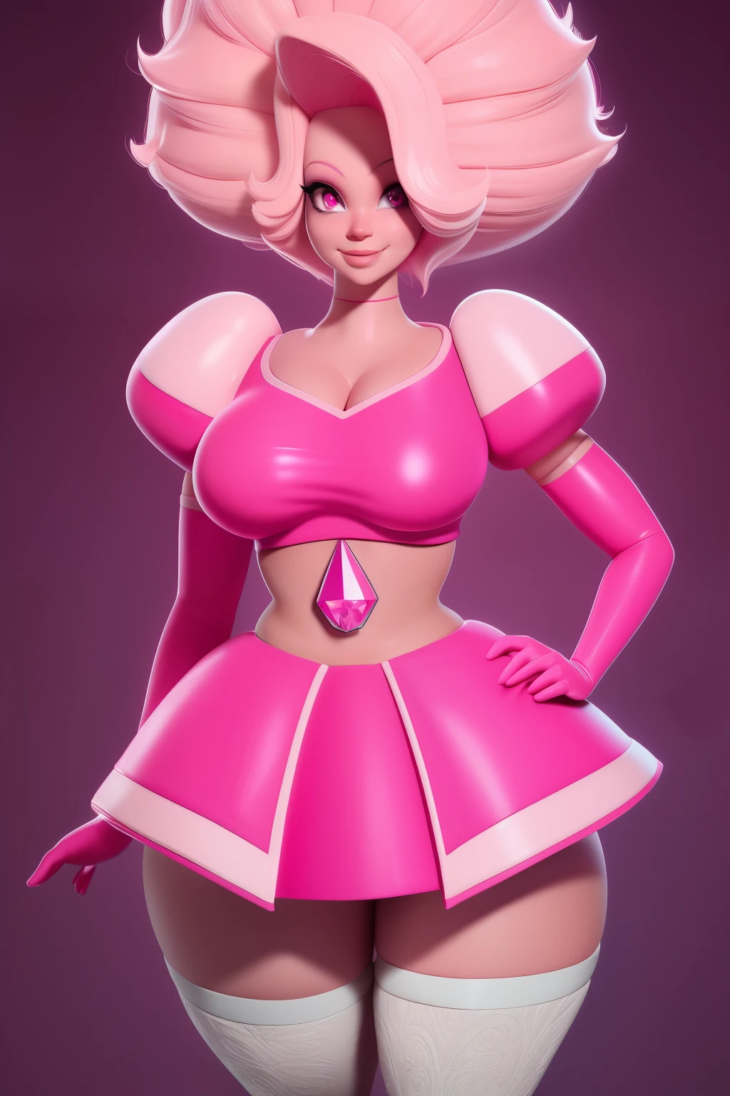 pnkdamond, pink hair, pink eyes, big hair, stomach gem, pink skin, toned,
puffy short sleeves, elbow gloves , white thighhighs, puffy dress,
standing, upper body,
outerspace,
(insanely detailed, beautiful detailed face,beautiful detailed eyes, masterpiece, best quality) cinematic lighting, smile,