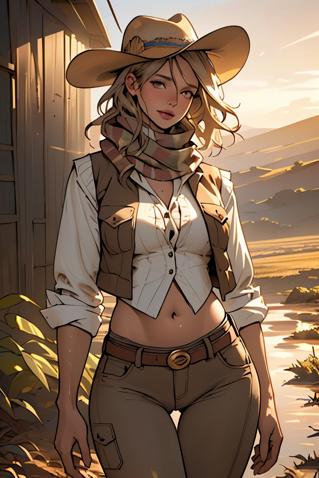 (highest quality, Super detailed, realistic:1.37), outdoor, girl, muddy, detailed and beautiful eyes, beautiful detailed lips, cowboy hat, vest with fringes, slim waist, round hips, thigh gap, show belly, pants, scarf, With confidence, middle of chest, dusty farm landscape, golden hour lighting