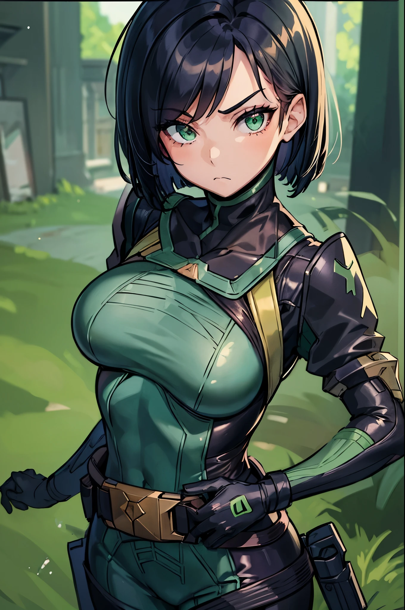 (masterpiece, best quality:1.2), expressive eyes, perfect face, highres, 1girl, solo, valorantViper, green eyes, bodysuit, gloves, belt, thigh boots, respirator, mask, green gas, frown, standing, upper body portrait, looking at the viewer