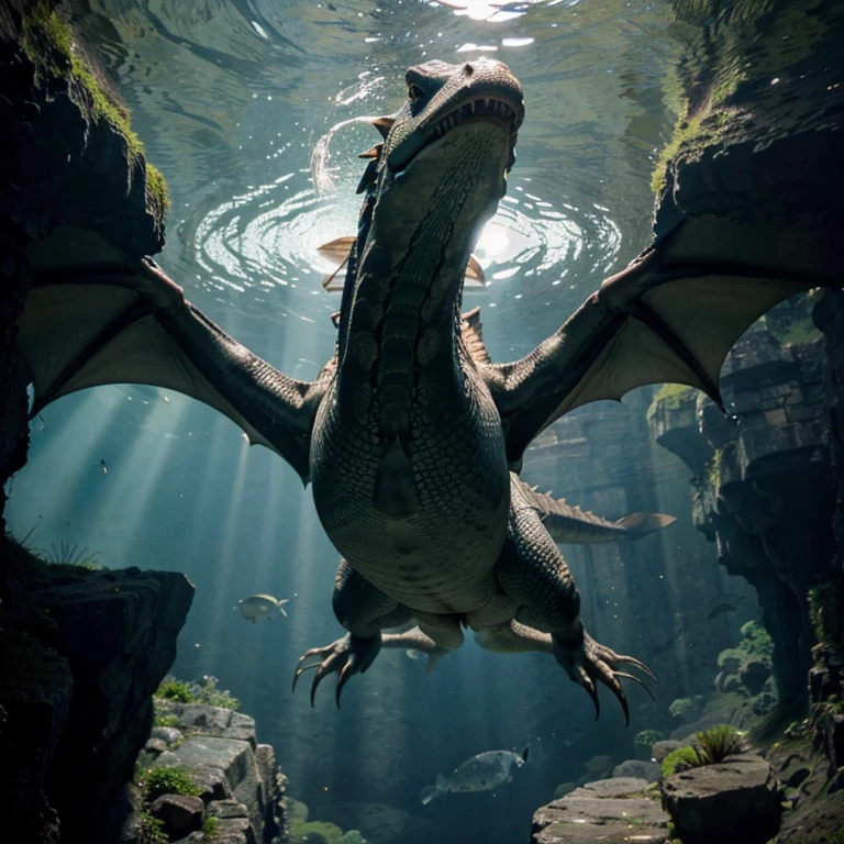 Underwater, deep water, looking up, aquatic dragon swimming overhead, looking at dragon from below, huge dragon, large powerful tail, swimming like an alligator, focus on dragon, fish in background, rock ledges, seaweed, dark blue, breathtaking, gorgeous