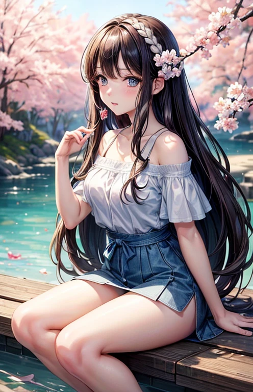 masterpiece、highest quality、High resolution、High-quality images、8k, 1 female、Skin Radiance、Texture of skin and clothing、Expression of fine eyes、shiny light brown hair,Girl with long braided hair, 頭のflower冠 , Manga inspired by Lee Jong-suk, Trending on deviantart, realism, detailed manga style, Manga art style, Perfect Line Drawing, Beautiful line art, digital manga art girl, K-POPアイドル, Beautiful Blue Eyes, Fuller lips, Gorgeous face with attention to detail, (cute笑顔), charm, Innocent, Side view, (Perfectly detailed face), (Beautiful Hands) Photorealistic images, Written boundary depth, Princess Hairstyles, autumn leaves, Romanticism, (髪の毛のflower冠), (fashionable), Fair skin, ((flower畑の背景)), (Full Shot Shot),(Whole body 1.4),cute,Front shot,(((Panty Shot))).White knitted off-the-shoulder,itting with legs apart,((White panties)),With a skirt on,((knee up)),Perfect hands,Perfect legs,flower