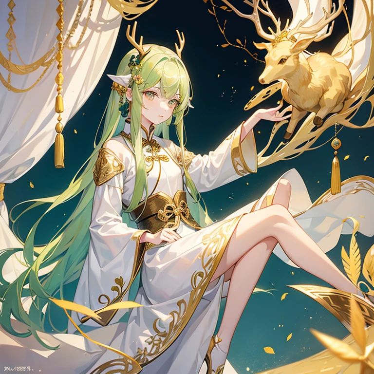 deer furry, deer characteristics, human appearance, teen，male, lean and slender, white skin and golden hair, emerald eyes, have brown antlers, wearing white robes, albino, light brown tail,solo，Soft long hair，Best quality, masterpiece, super high resolution，Blank background, poster form, fashion, flat bust，sit on windows