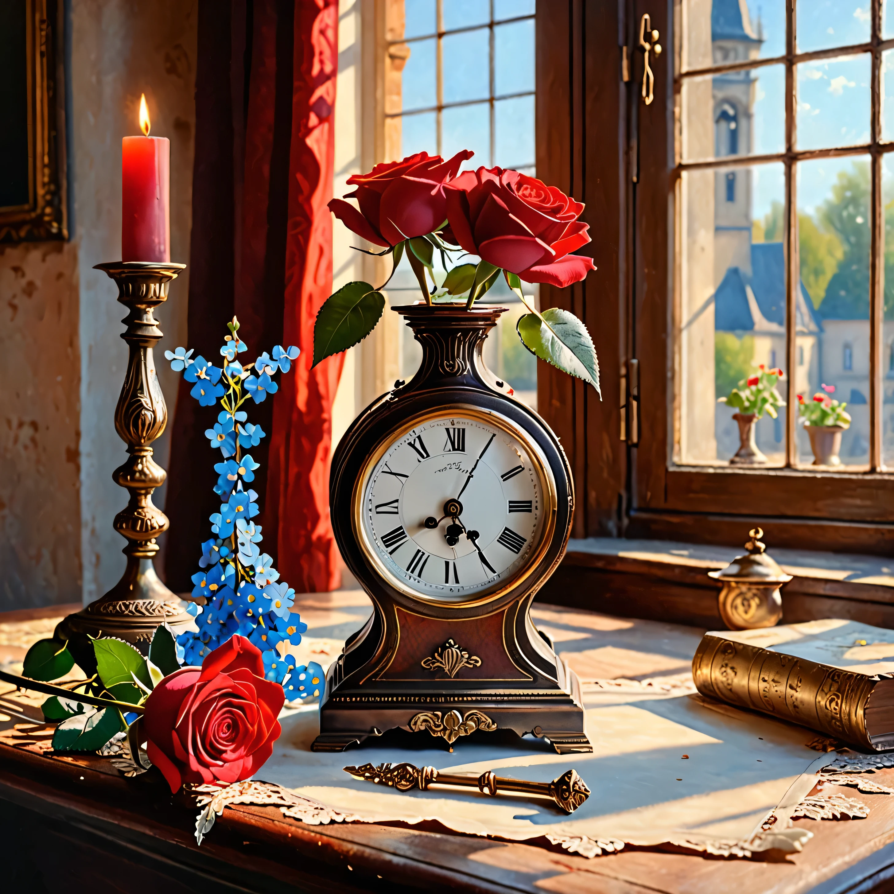 masterpiece, Realistic photography, a lot of details, calm pastel colors, the pendulum of a large old clock glitters in the sun falling from the window, red rose lies alone on the table, pot with forget-me-nots, the lights of a sun, portrait of a woman in red, angel figurine, painting with a drawing of a human heart