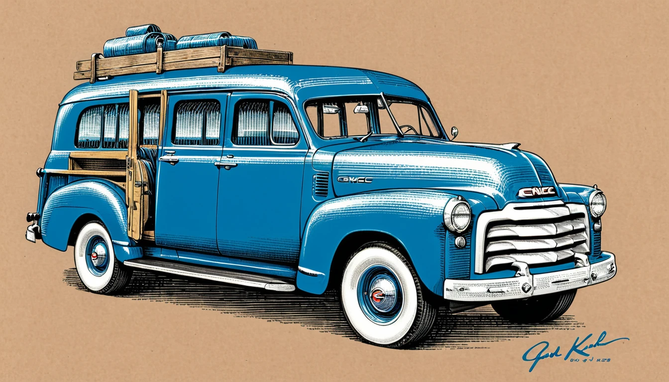 monochrome drawing of blue print 1952 GMC Suburban CarryAll, on kraft paper, Karl Kopinski,  highly detailed