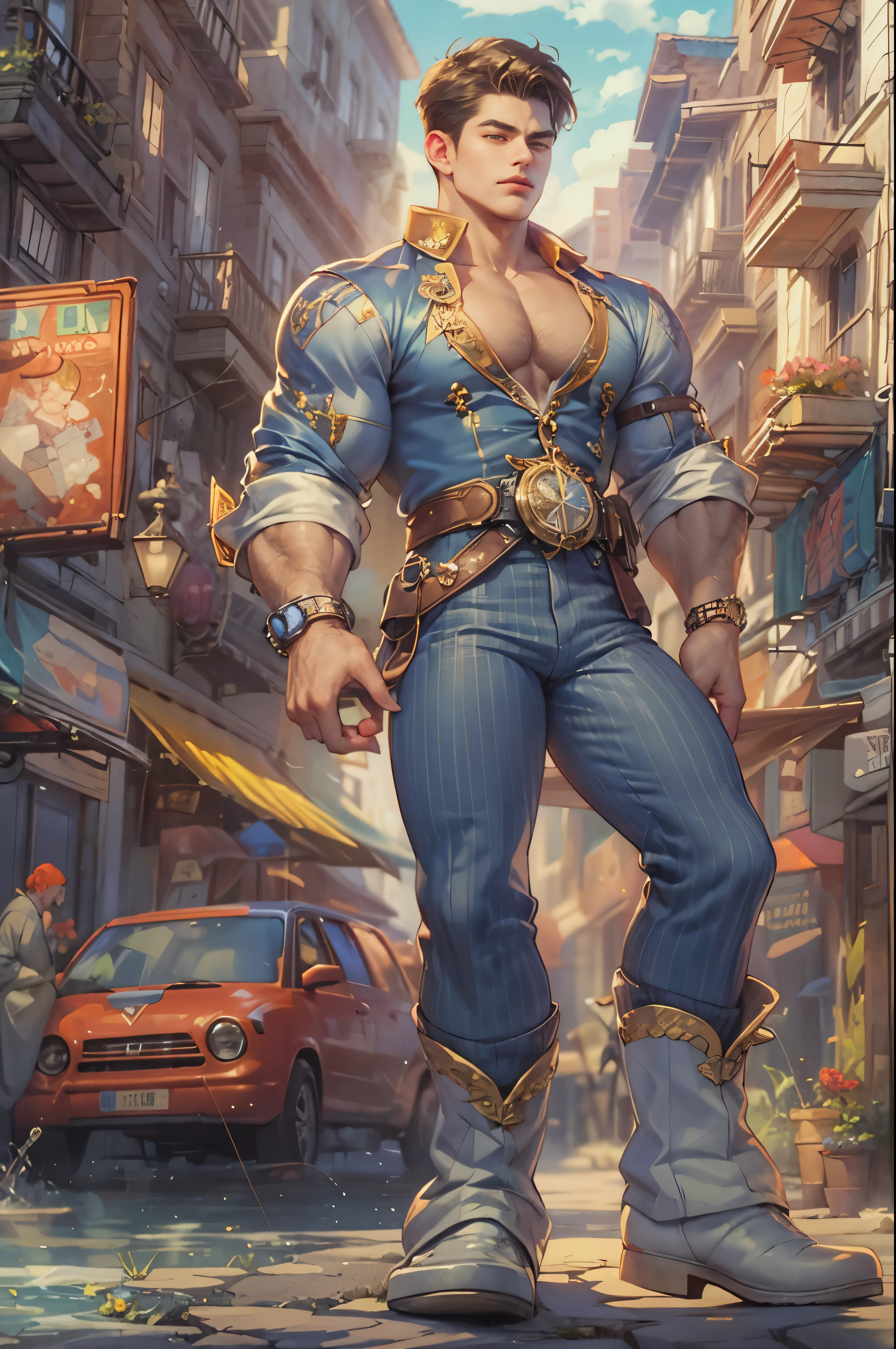 ((melhor qualidade)), ((obra de arte)), (detalhado), ((rosto perfeito)), ((meio corpo)) rosto bonito, macho, adolescente, perfect proportions , a macho character hero from marvel vs capcom arcade game, detalhado town background, detalhado scenery background