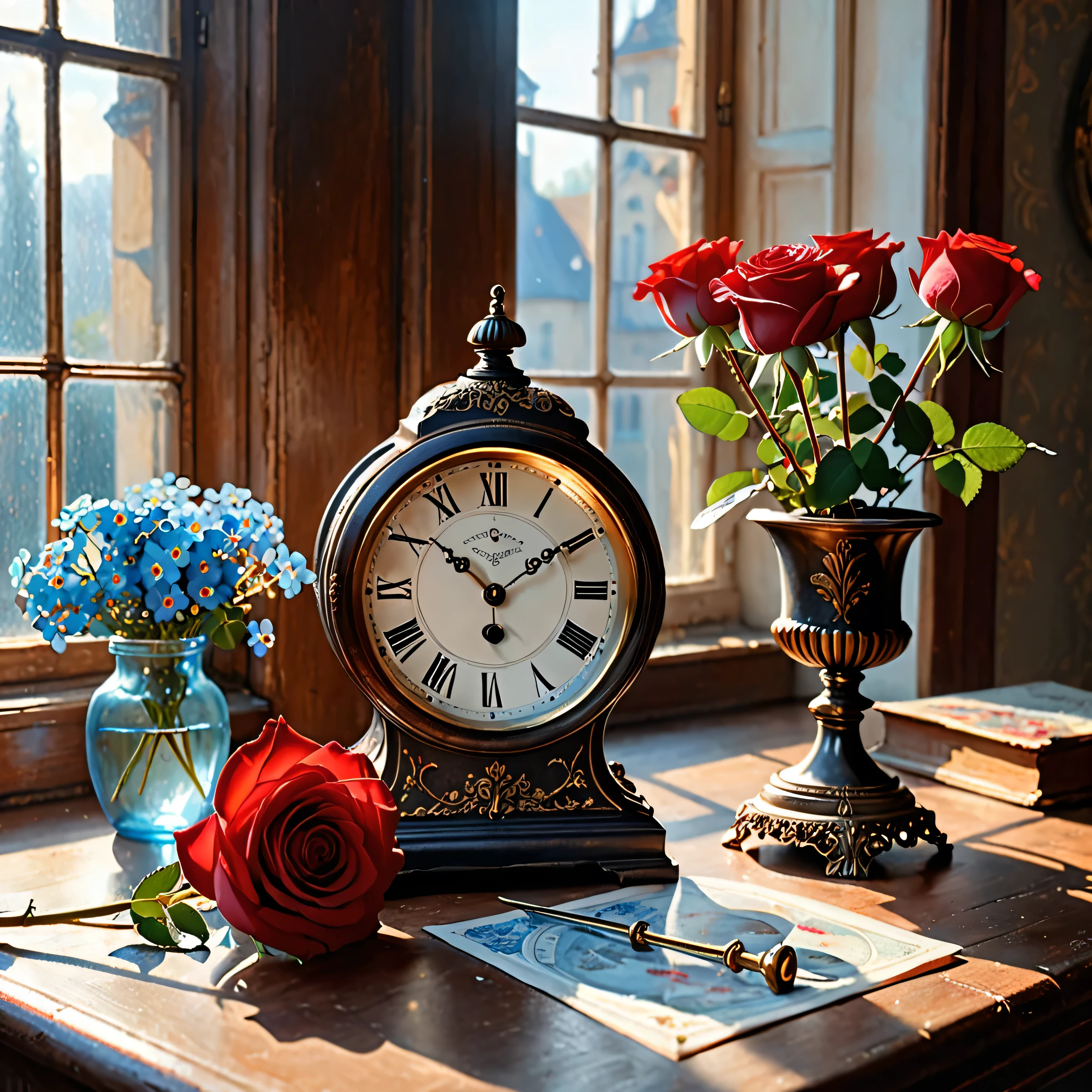 masterpiece, Realistic photography, a lot of details, calm pastel colors, the pendulum of a large old clock glitters in the sun falling from the window, red rose lies alone on the table, pot with forget-me-nots, the lights of a sun, portrait of a woman in red, angel figurine, painting with a drawing of a human heart