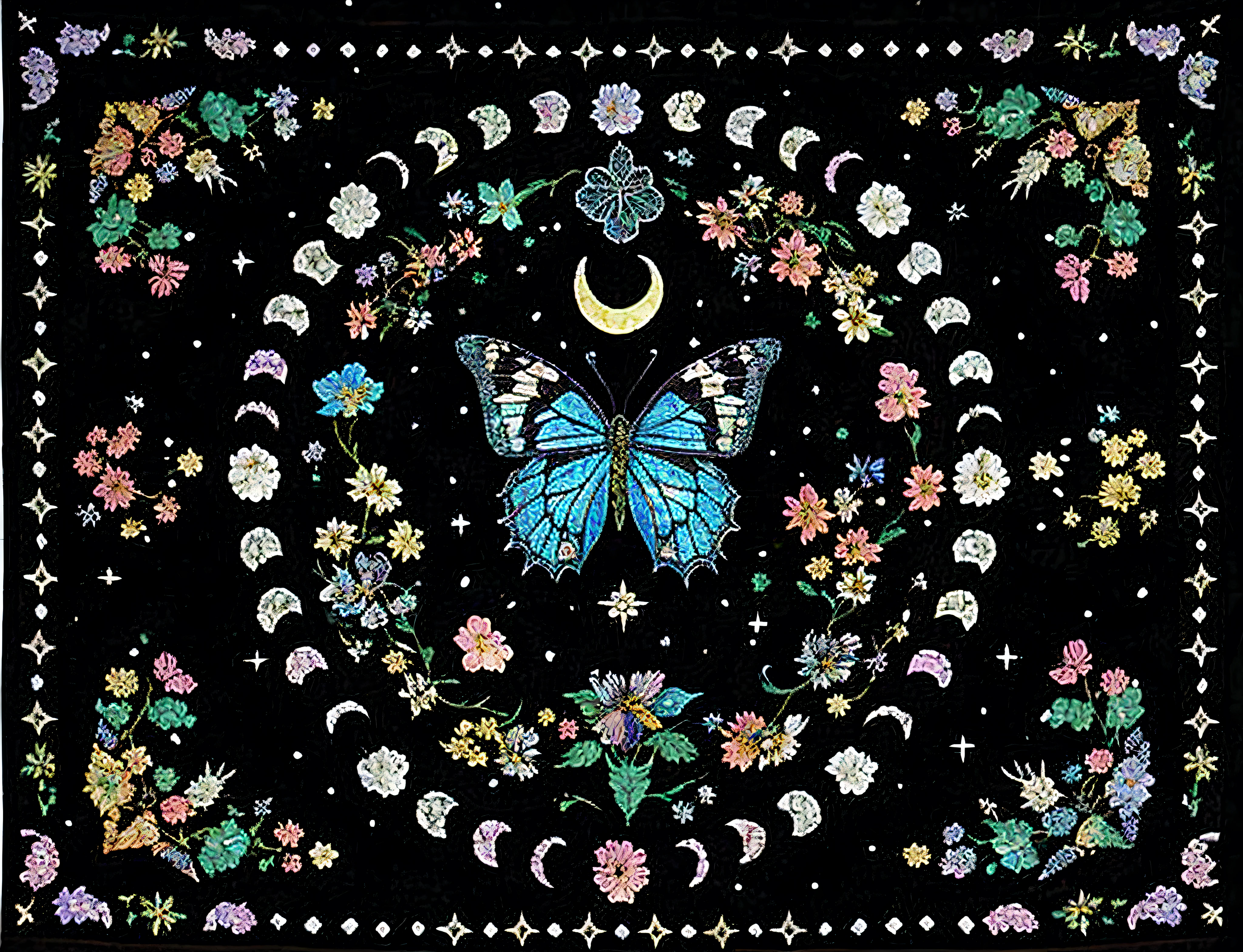 Close-up of a quilt with butterflies and flowers, author:Morgan Russell, ✨🕌🌙, author:Laura Wheeler Wallin, author:Jesse Alexandra , Wearing psychedelic witchcraft, author:Li Tingting, The mysterious alchemy of aesthetics, author:Carey Morris, author:Judith Brown, Intricate and mysterious witchcraft design, author:Lisa Milroy, Country style hippie