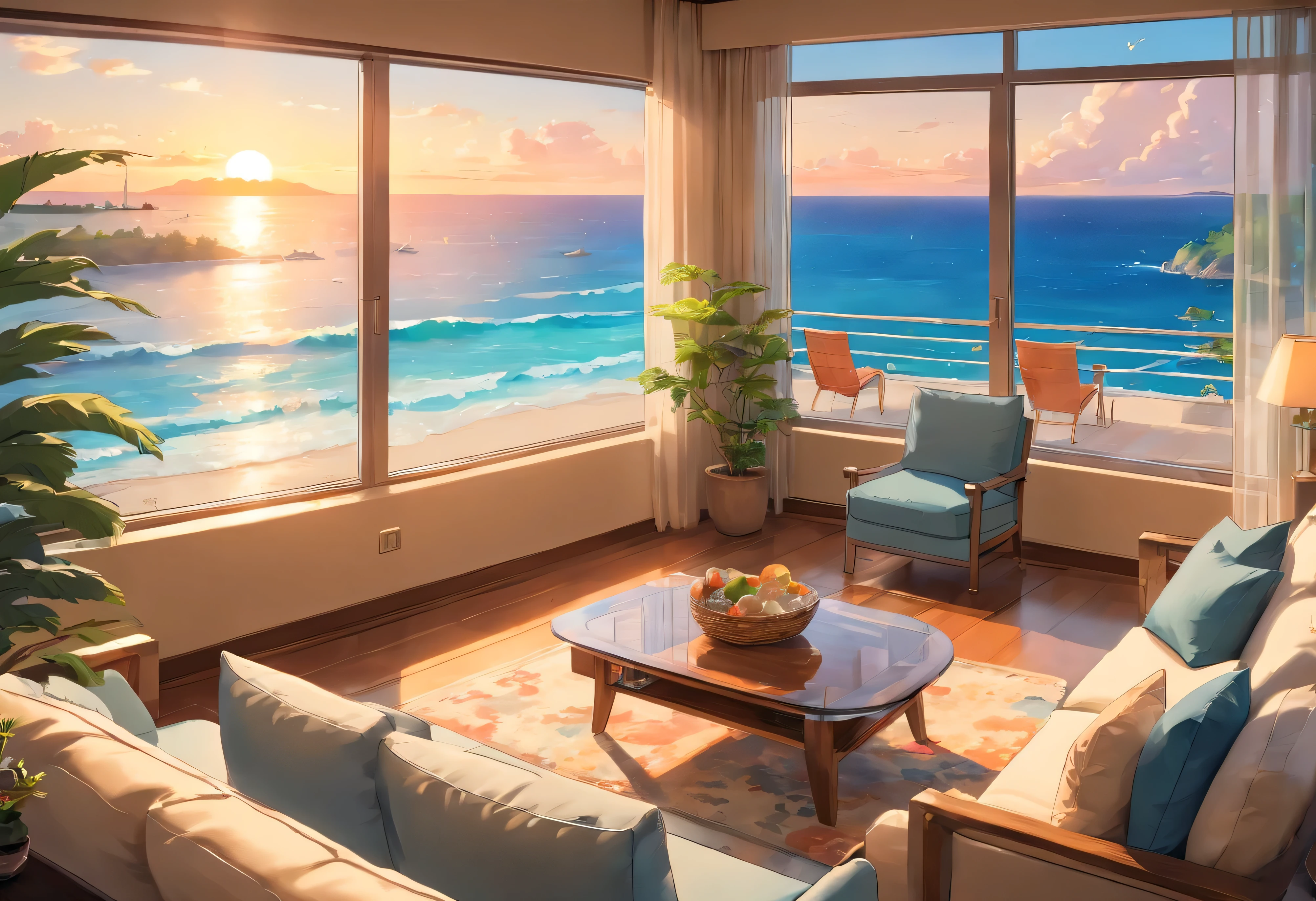 Beautiful oceanfront beachfront condo in white color with blue and grey accents. The living room has large windows that look out over the balcony overlooking the beautiful sunset view on the Gulf Coast in Mexico. In the foreground is an open area with some dining table chairs. There is also a TV on one wall and a sofa. This photo was taken using a high-resolution DSLR camera. It captures every detail perfectly. The colors are vibrant and true to life in the style of a professional photographer, 8k, super detail, accurate, best quality