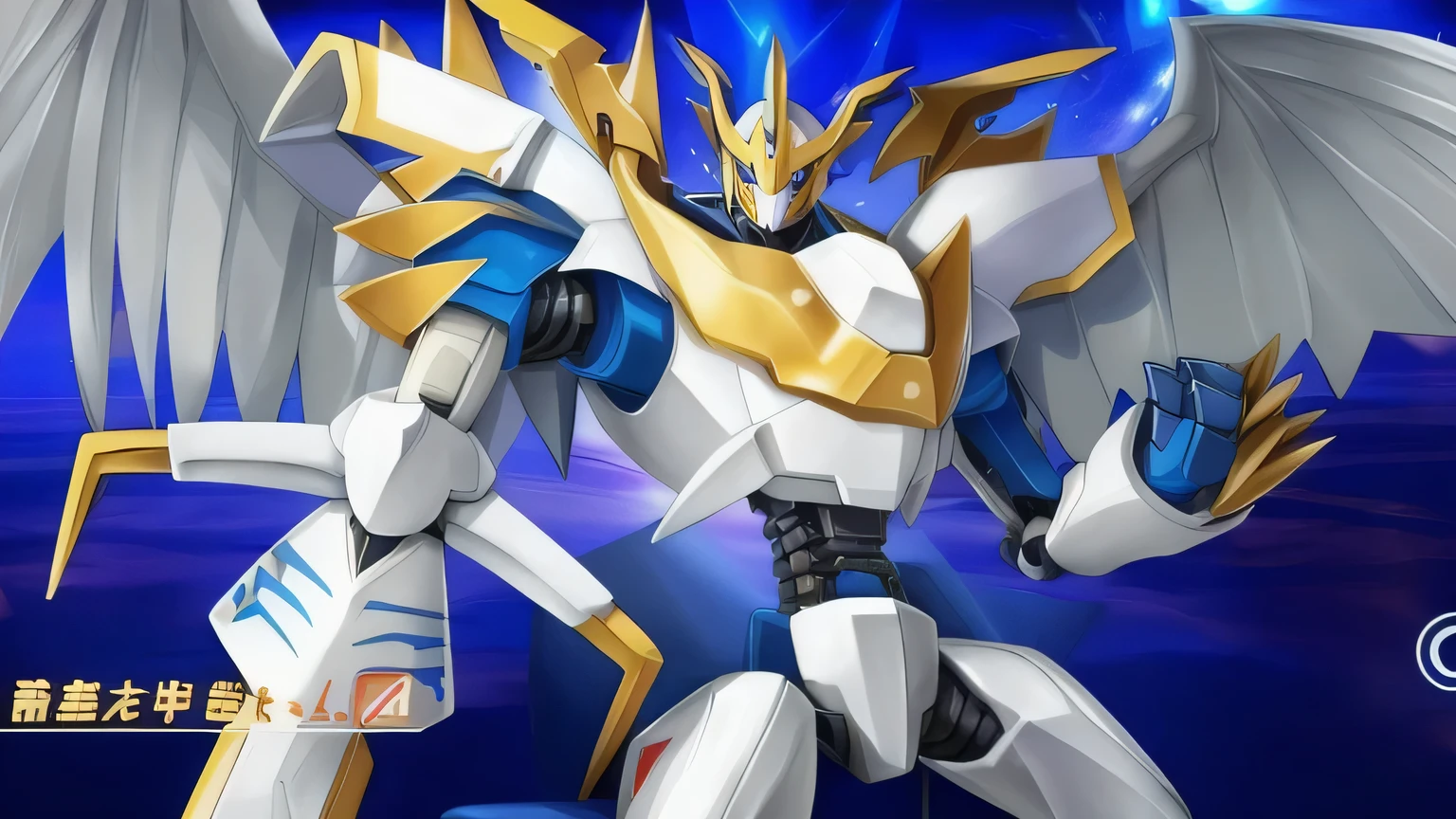 a close up of a robot with wings and a sword, super robot wars, concept art of omegamon, digimon key art, digimon anime key art, sharp robot dragon claws, angemon l sitting at the thrown, ultra mega super hyper detail, gold paladin, ferra white mecha, official artwork, super robot, with robot dragon head