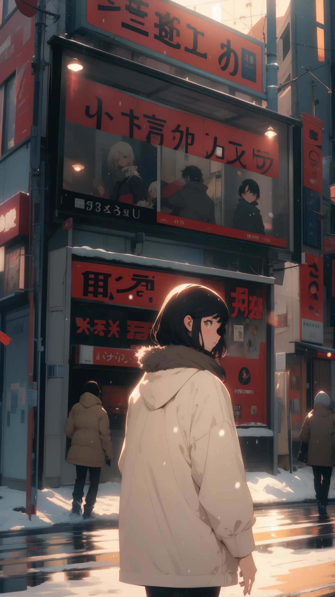 an illustration of an girl adolescent with short black hair, dressed in a winter outfit of beige and olive clothes, walking down a snowy street lined with glowing billboards and passing cars. the scene is high contrast, with the character looking around in wonderment abasterpiece)), ((best quality)), ultra detailed,((illustration)), dynamic angle, detailed light, (delicate eyes), (ahoge:0.8),apathy, ray,frontage,style of anime4 k, 4k anime wallpaper, badass anime 8 k, 4 k comic wallpaper