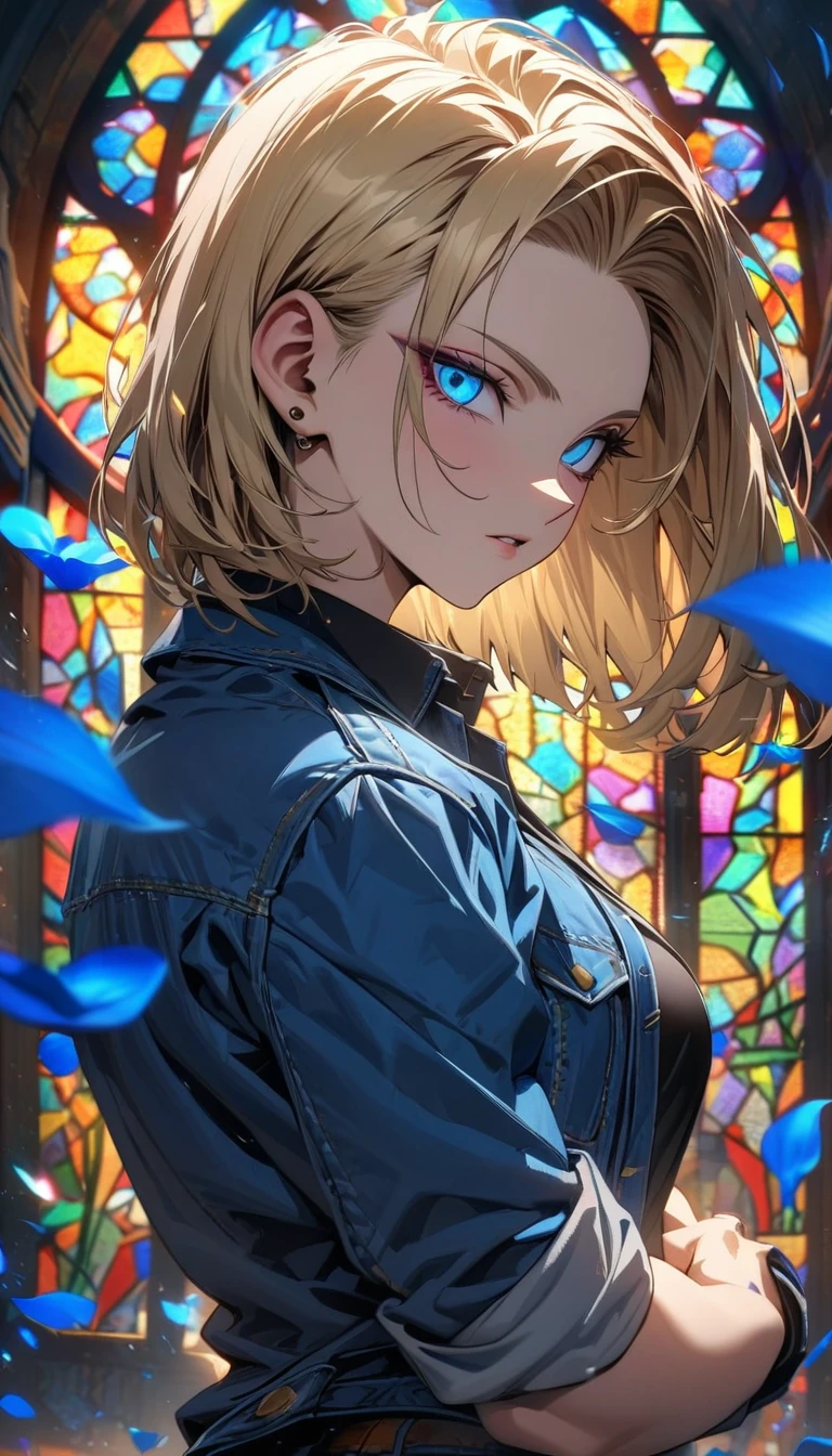 absurdres, highres, ultra detailed, HDR, masterpiece, extremely detailed face and eyes, Android 18, blond hair, expressive blue eyes, Dragon Ball Z, solo, sexy woman, extremely beautiful, blue jacket, black shirt, stained glass, blue lilies, petals