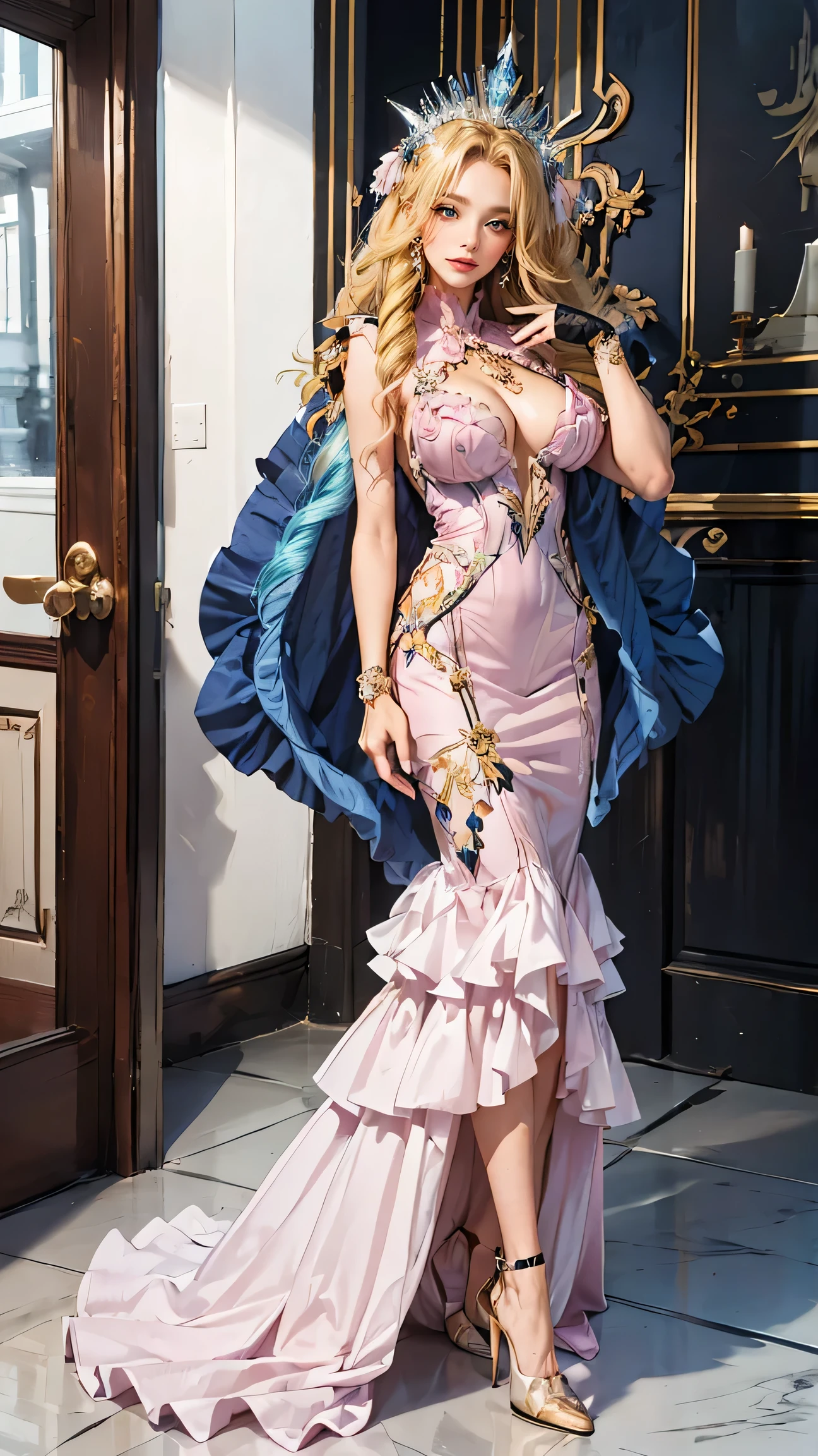 Best Best quality, masterpiece, ultra high res, raw photo, beautiful and aesthetic,deep shadow, dark theme,(ultra detailed:1.3),
1girl, dress with frills, gloves, stoking, sexy pose, Headdress, hair ornament, full of curtain, drill hair, long hair, blonde hair, gradient hair, yellow eyes, solo, huge breasts, big hair, blue hair, tiara, divine goddess, looking at viewer, royal palace, indoors, bedroom, astraea, full body, in pink zipper_lpskirt, pink jacket, white silken dress shirt, longest_lpskirt
