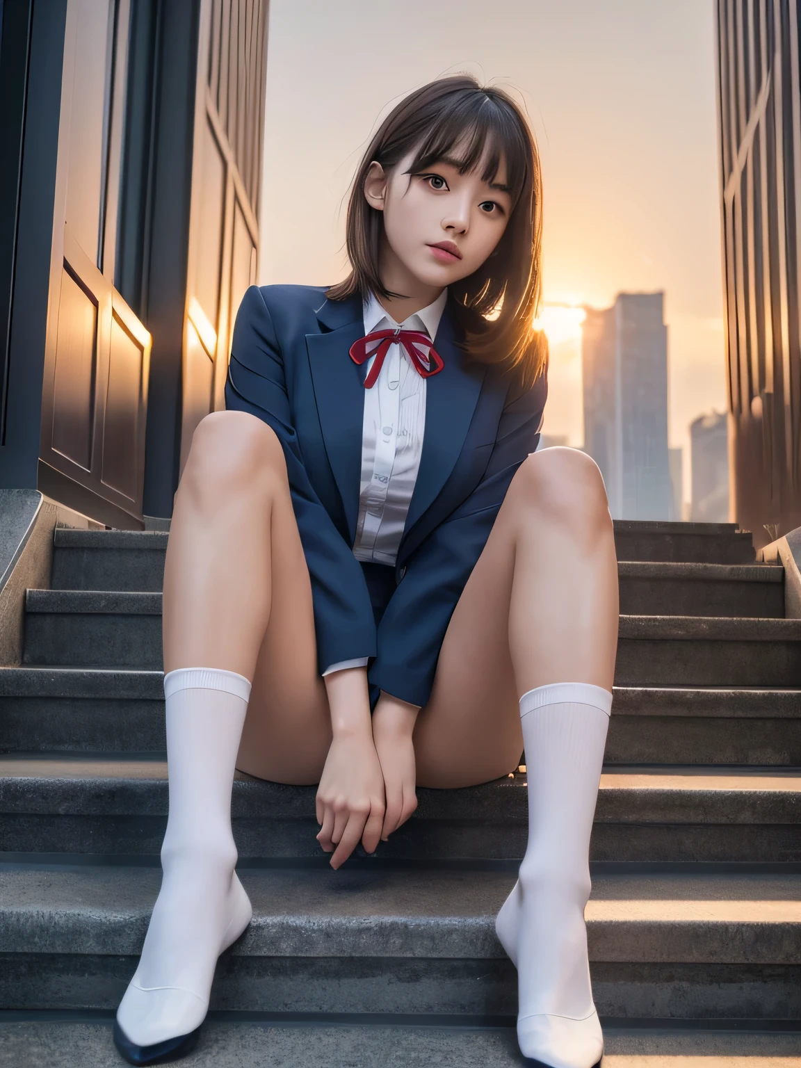 Dark blue blazer、white shirt、Red Big Ribbon、Super Mini Flared Skirt, Red tie, White socks, lowfers,Light brown fringe short hair、Light brown eyes、1girll、(Photorealsitic)、(intricate detailes:1.2)、(masterpiece、:1.3)、(top-quality:1.4)、(超A high resolution:1.2)、超A high resolution、(A detailed eye)、(detailed facial features)、nffsw、8K resolution、、(lensflare:0.7)、sit on stairs、Open your legs、Raise both legs、beauty legs、Seductive thighs、Emphasis on the thighs、facing the front there、from below、Skyscrapers、Sunset between buildings