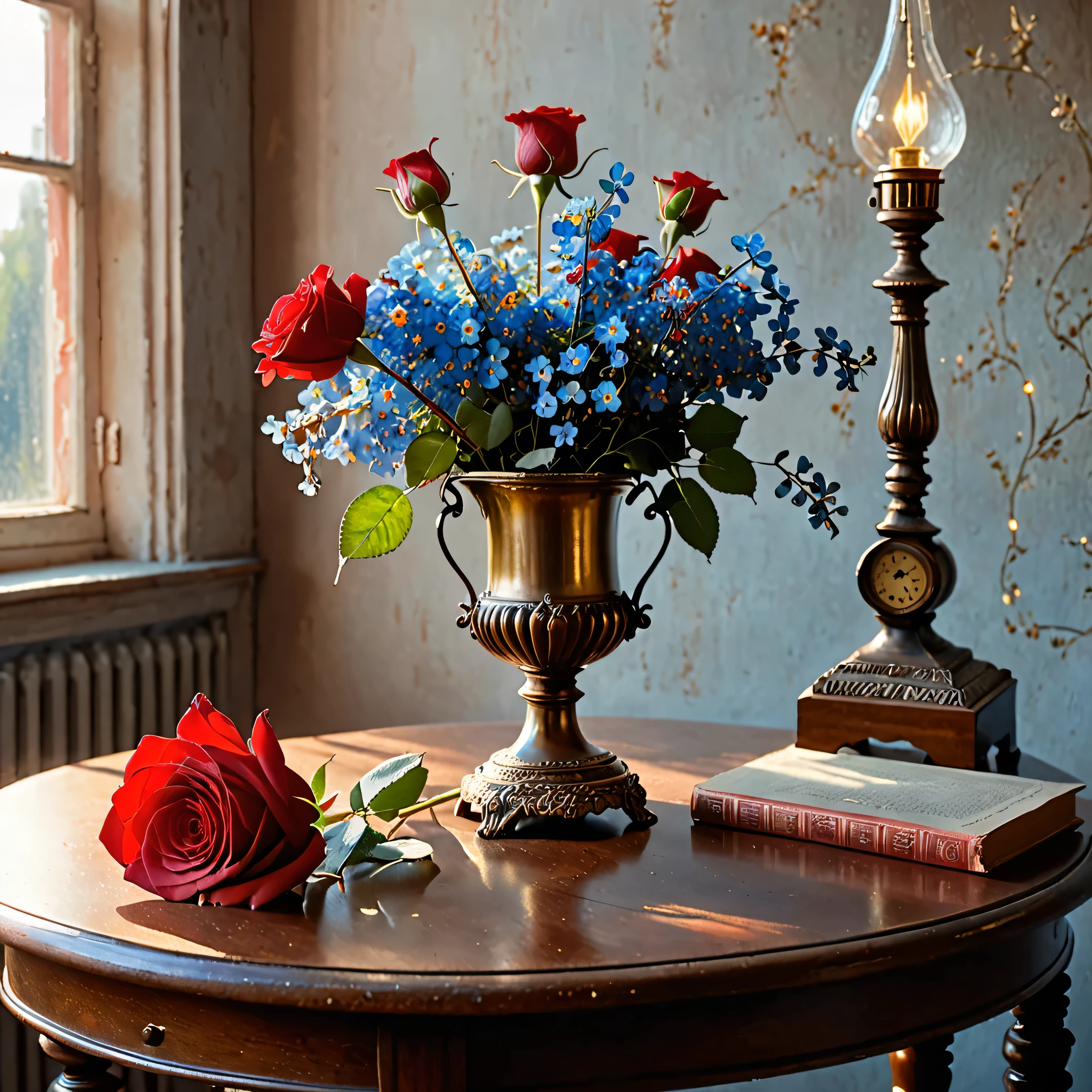 masterpiece, Realistic photography, a lot of details, calm pastel colors, the pendulum of a large old clock glitters in the sun falling from the window, one red rose lies on the table, pot with forget-me-nots, the lights of a sun, ((portrait of a woman in red stands on the table)), (angel figurine), (drawing of a human heart on the wall)