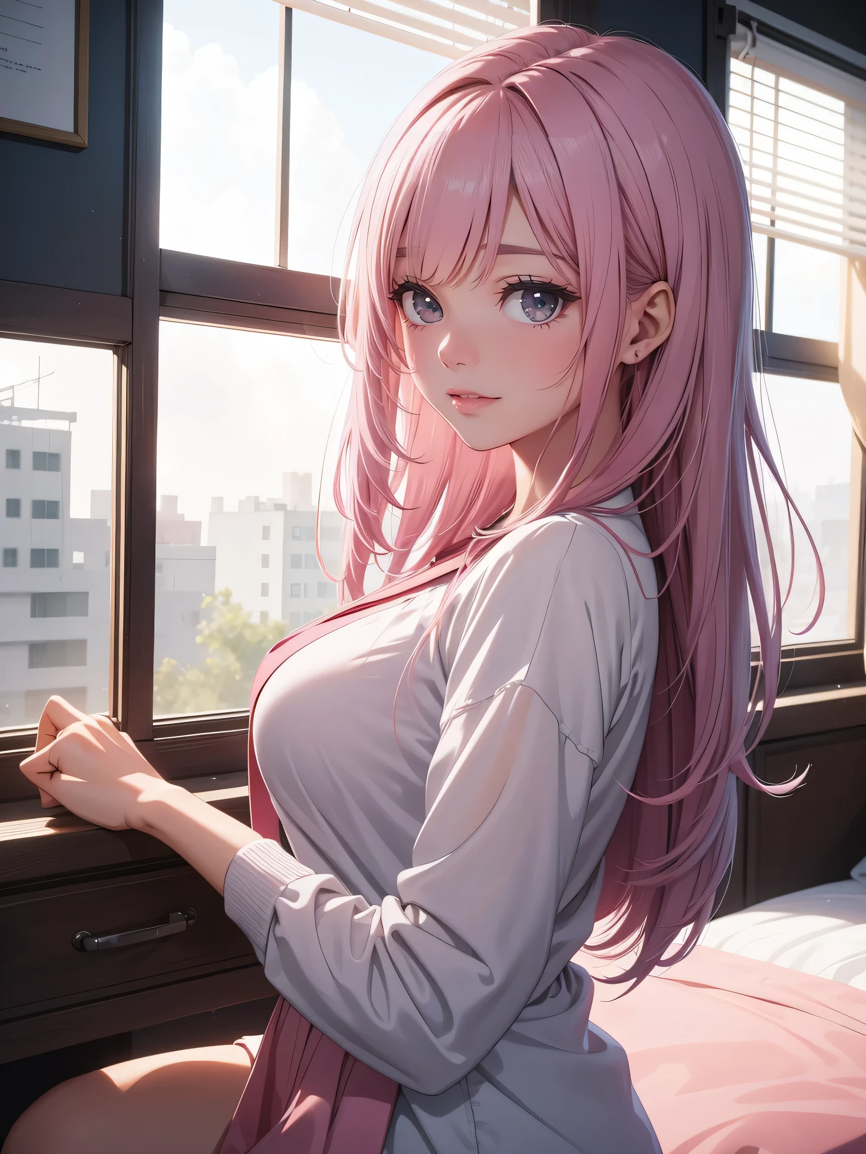 Official Art、Highest quality ultra-detailed CG art、The most beautiful girl in the world：１.２）、Sayla Uniform、Pink Hair、room、young、cute、Student Council President、blue eyes、