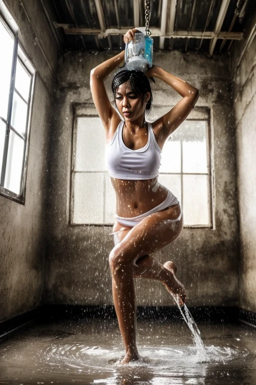Young sweet beautiful Bogor city girl, 23 years old, thin body, slim thigh, sweet georgeus Bogor city girl face, descent mixed from sundanese and turkish, wet very messy short black hair, standing shock full convulsions on a wet steel chair in center of a wet jail room, exhausted open wide chained legs, being punished by very high voltage electicity at her butt, in a jail room as a political prisoner in Bogor, both her hands chained backwards, being having interogation in center of room, wearing wet white dirty mini short, realistic, no cartoon, very grimacing in pain convulsions face, bulgged panic convulsions eyes, raised head, bending full backwards spines, open wide mouth to taking deep breath, full all body to the feet view, all fingers have normal shape, legs have normal couple numbers and shape, in the afternoon, wearing white dirty thin tank top t-shirt, no bra, no panty, some buckets of water being splashing to her head and body, water flowing down from all her skins and hairs, water splashed and drops are visible,