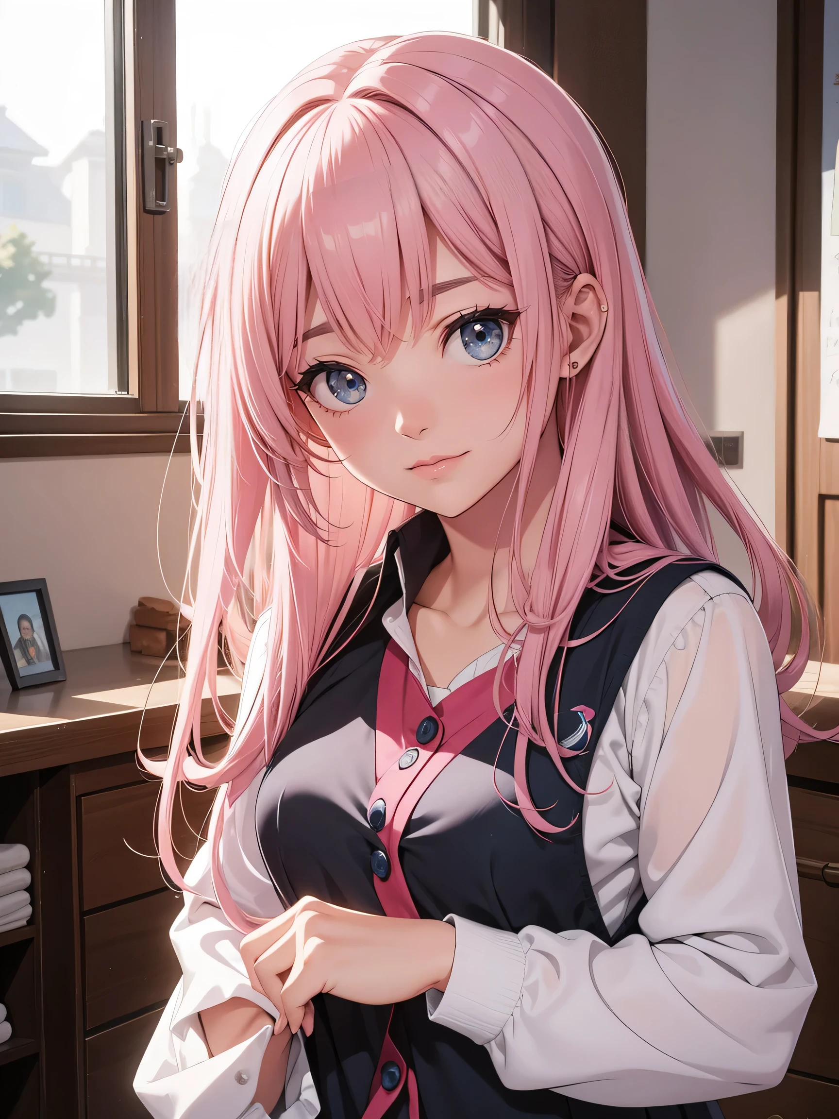 Official Art、Highest quality ultra-detailed CG art、The most beautiful girl in the world：１.２）、Sayla Uniform、Pink Hair、room、young、cute、Student Council President、blue eyes、Thin eyebrows、