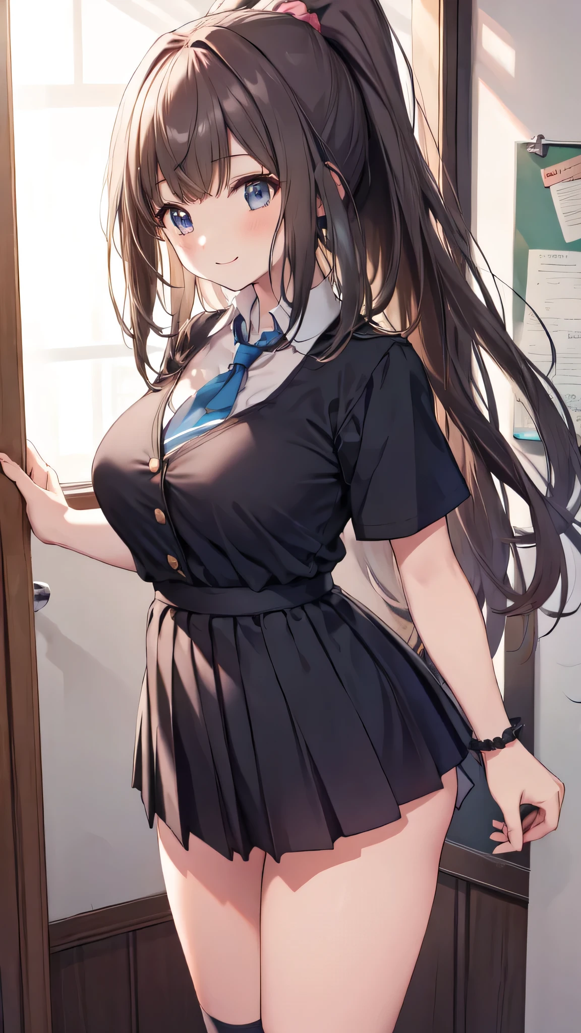 throw,、(High Ponytail:1.3)、(school uniform, Short sleeve:1.3)、mini skirt、(hair ornaments:1.2)、(Wrap a scrunchie around your left wrist:1.2)、(Black high socks:1.3)、Browsing Caution、Clear Eyes、8k、10 year old student、Best image quality、masterpiece、Perfect Anatomy、Kogal、Plump thighs、School、Absolute area、Huge 、Emphasize cleavage、Smile