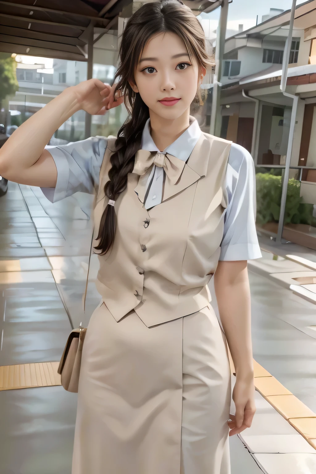 Earrings、20Old Japanese woman、Captivating look、Hair tied up、Braided long hair、Beige women's cap