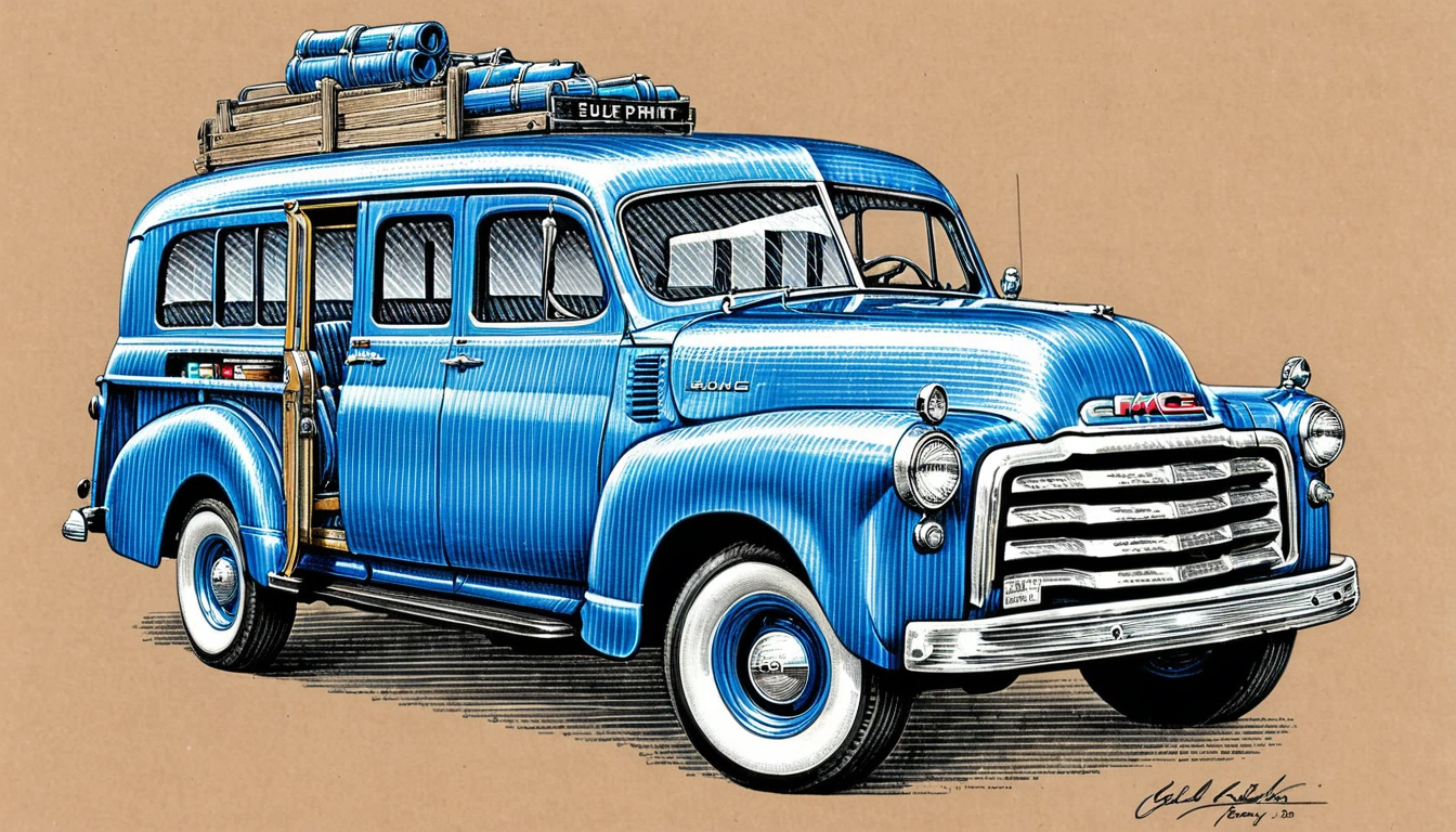 monochrome pencil drawing of blue print 1952 GMC Suburban CarryAll, on kraft paper, Karl Kopinski,  highly detailed