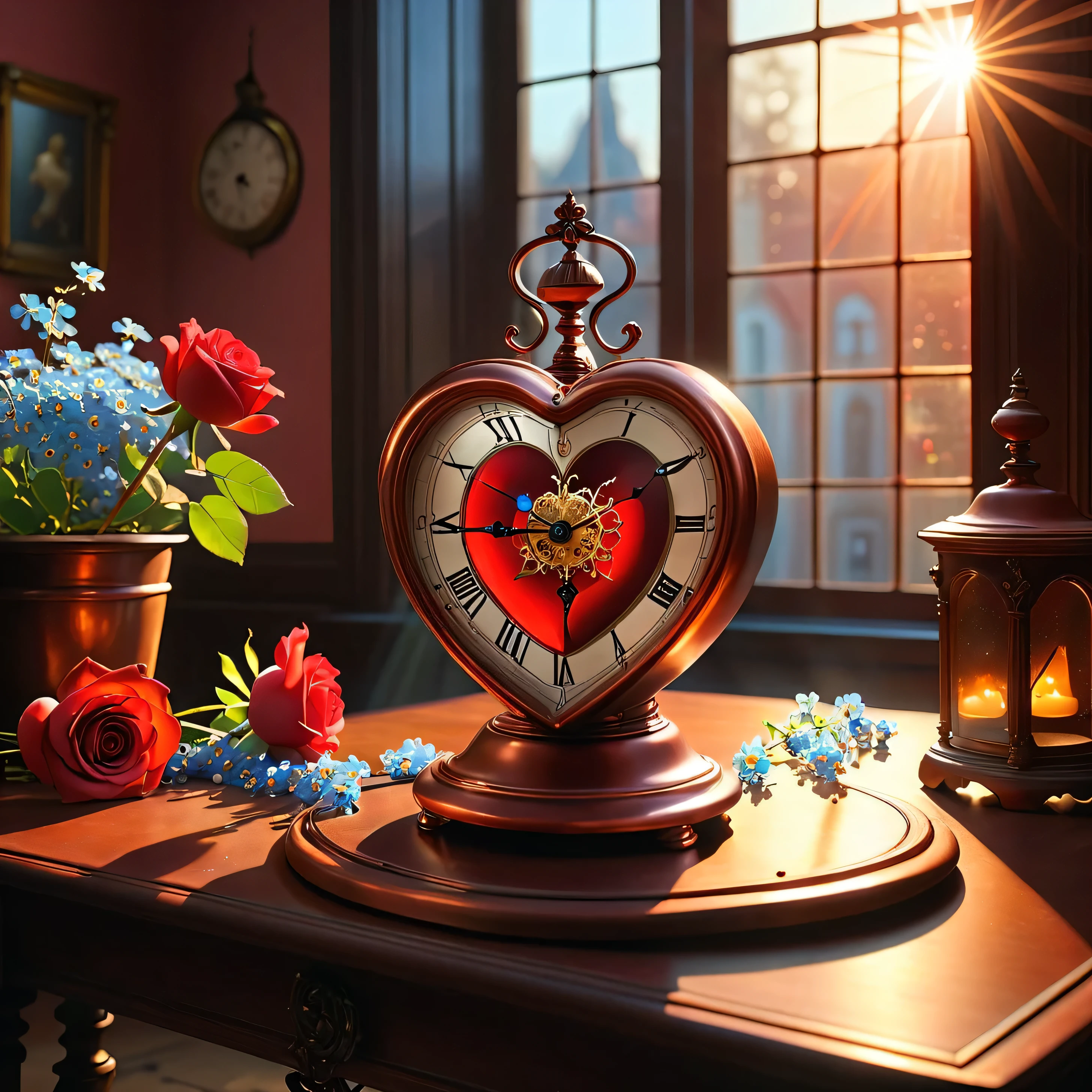 masterpiece, Realistic photography, a lot of details, calm pastel colors, The copper pendulum of a large old clock glitters in the sun falling from the window, one red rose lies on the table, pot with forget-me-nots, the lights of a sun, (((portrait of a woman in red stands on the table))), ((angel figurine)), ((anatomical drawing of a human heart on the wall))