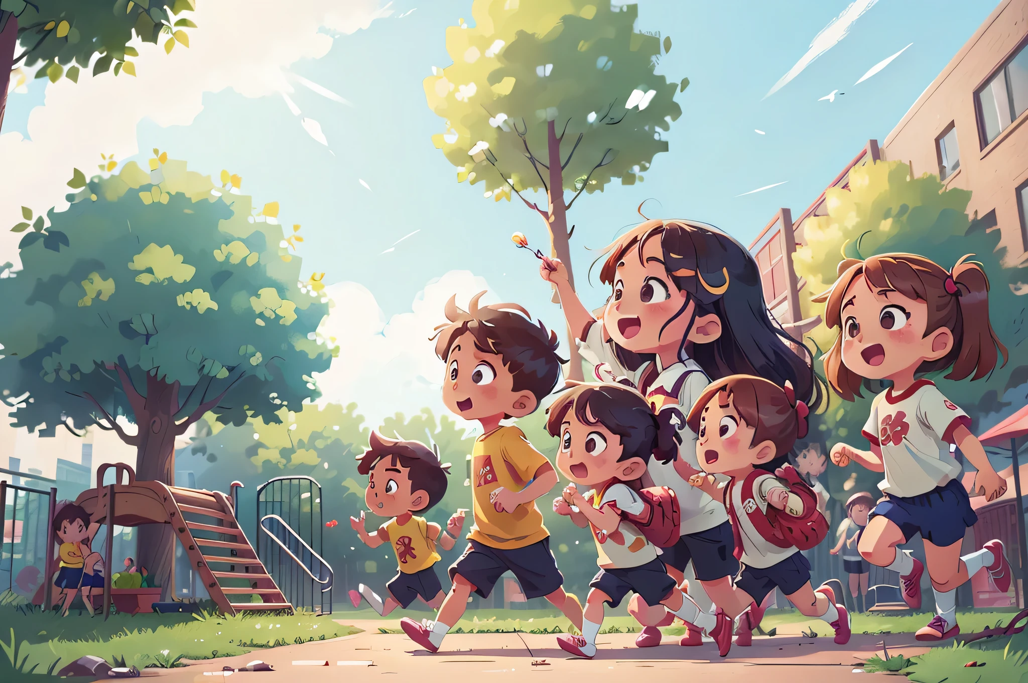 Campus theme,Resolution 420*285,young and energetic,Several children on the playground,Anime version