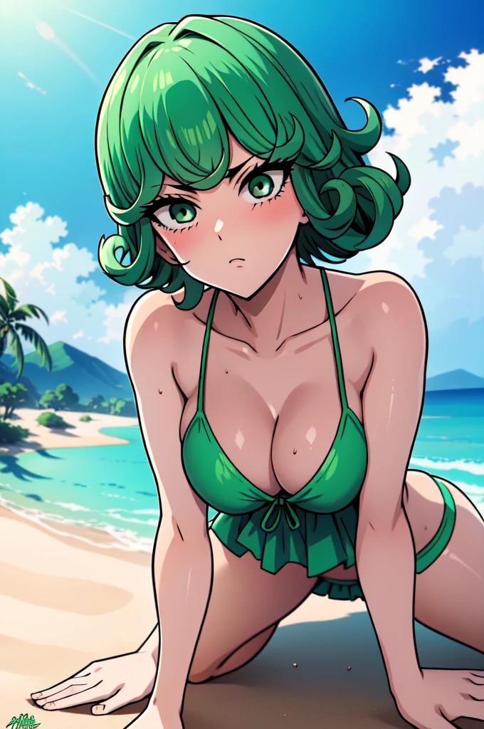 absurdres, highres, ultra detailed, tatsumakitornado, short green hair, curly hair, green bikini, , outdoors, from below, looking away, green eyes ,full body ,looking at viewer, blushing ,laying the sand, on date