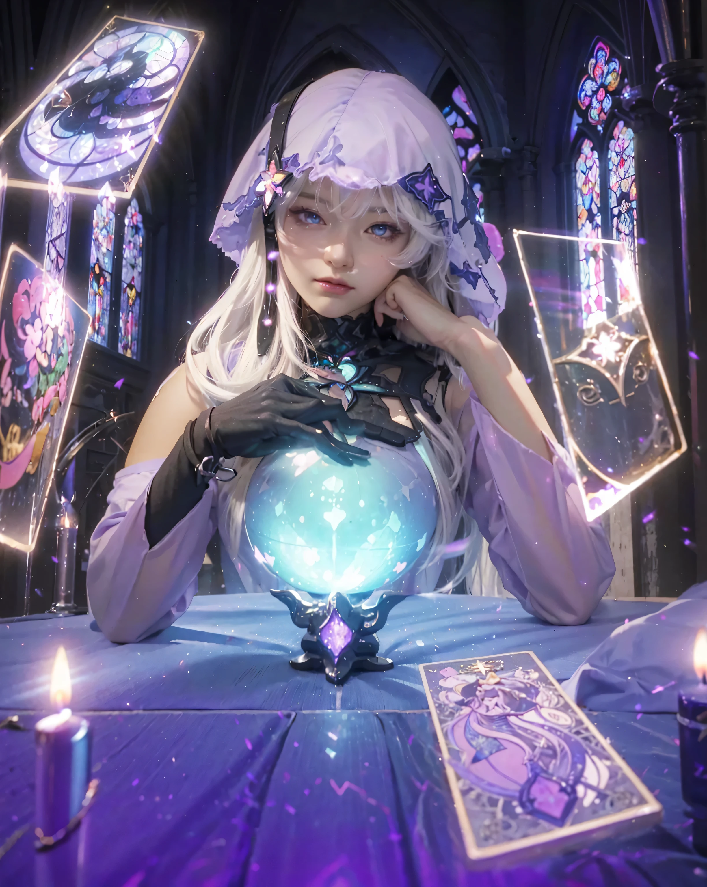 ((BLACK SWAN_HONKAI STARRAIL)),((realistic, photorealistic)),(highlight hair)), Light reflection, (( HD )),((upper body)), (((best quality, masterpiece))), (masterpiece) (best quality) (detail) (8k) (HDR) (wallpaper) (cinematic lighting) (sharp focuasterpiece, best quality: 1.1),1girl,Church window background, holding many glowing divination cards, glow purple, background blur, hooded, white hair